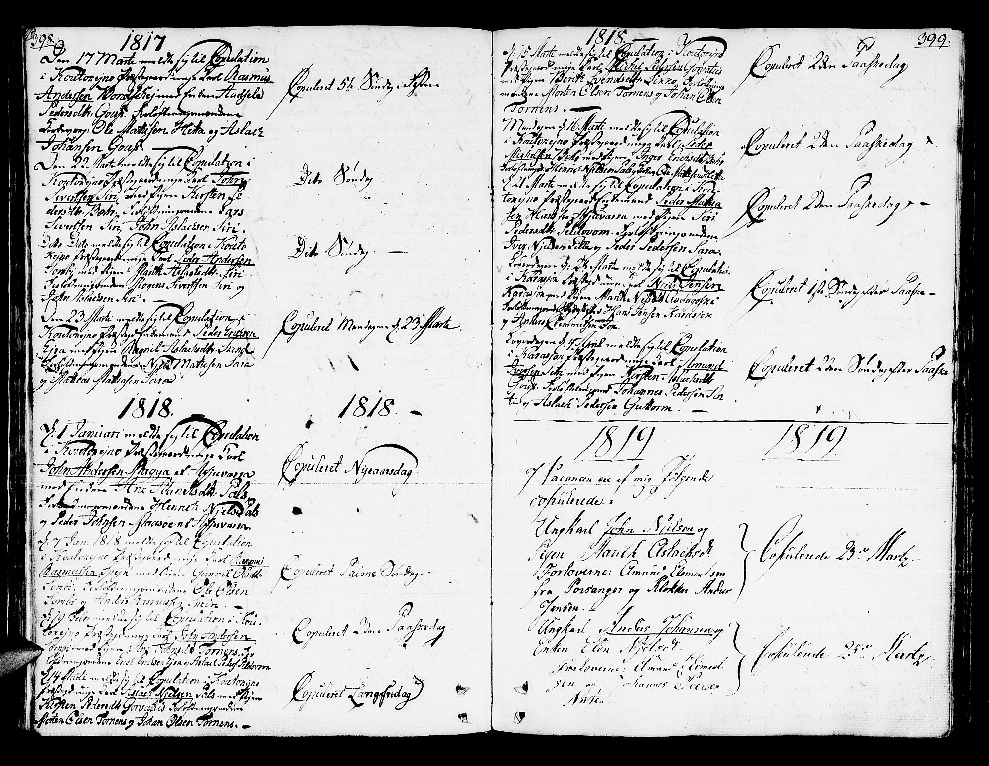 Kistrand/Porsanger sokneprestembete, SATØ/S-1351/H/Ha/L0009.kirke: Parish register (official) no. 9, 1805-1821, p. 398-399