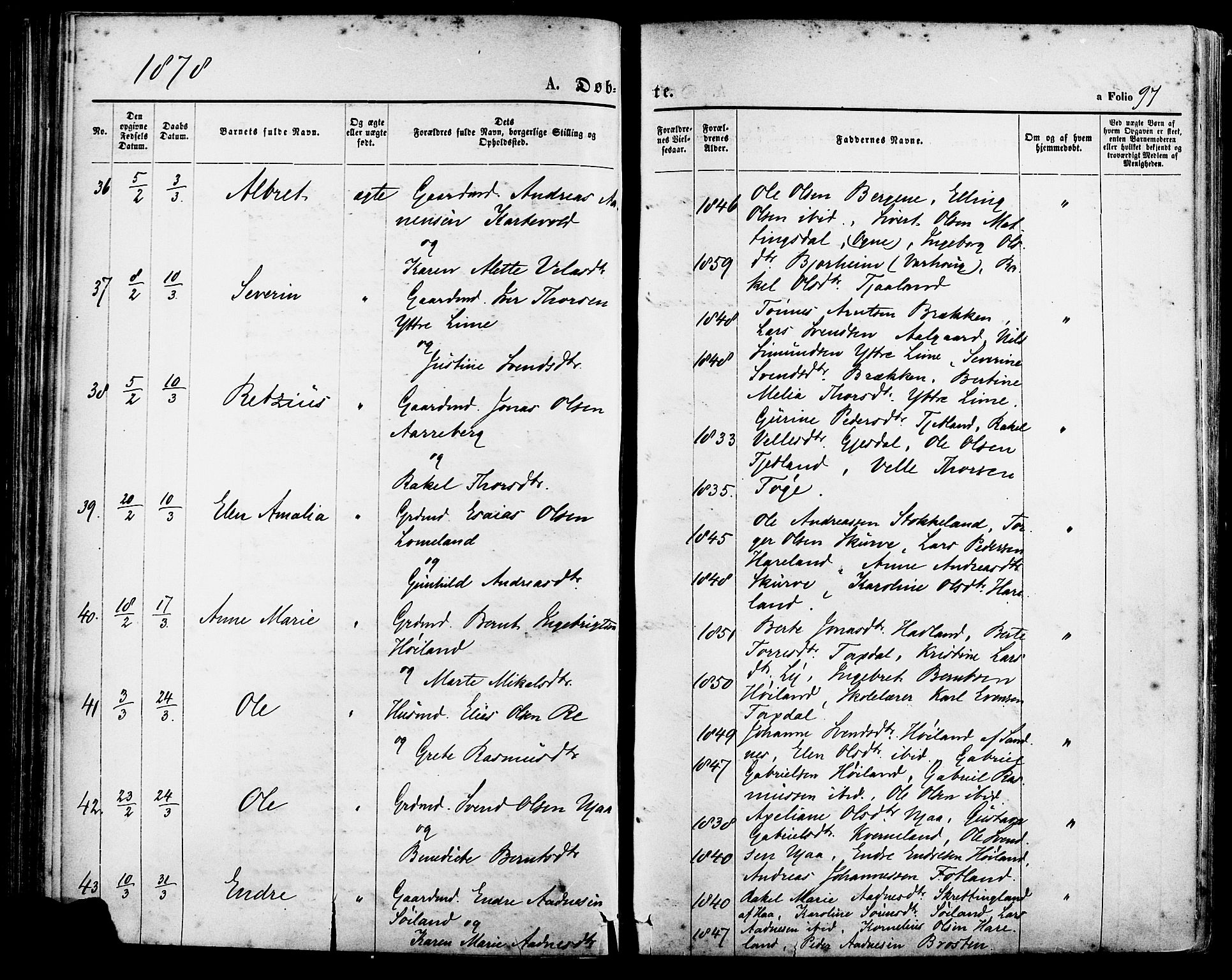 Lye sokneprestkontor, SAST/A-101794/001/30BA/L0008: Parish register (official) no. A 7, 1872-1881, p. 97