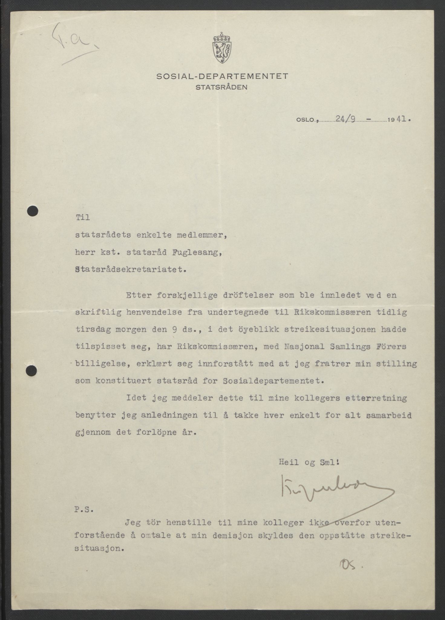 NS-administrasjonen 1940-1945 (Statsrådsekretariatet, de kommisariske statsråder mm), AV/RA-S-4279/D/Db/L0111/0003: Saker fra krigsårene / Journal, 1940-1945, p. 126