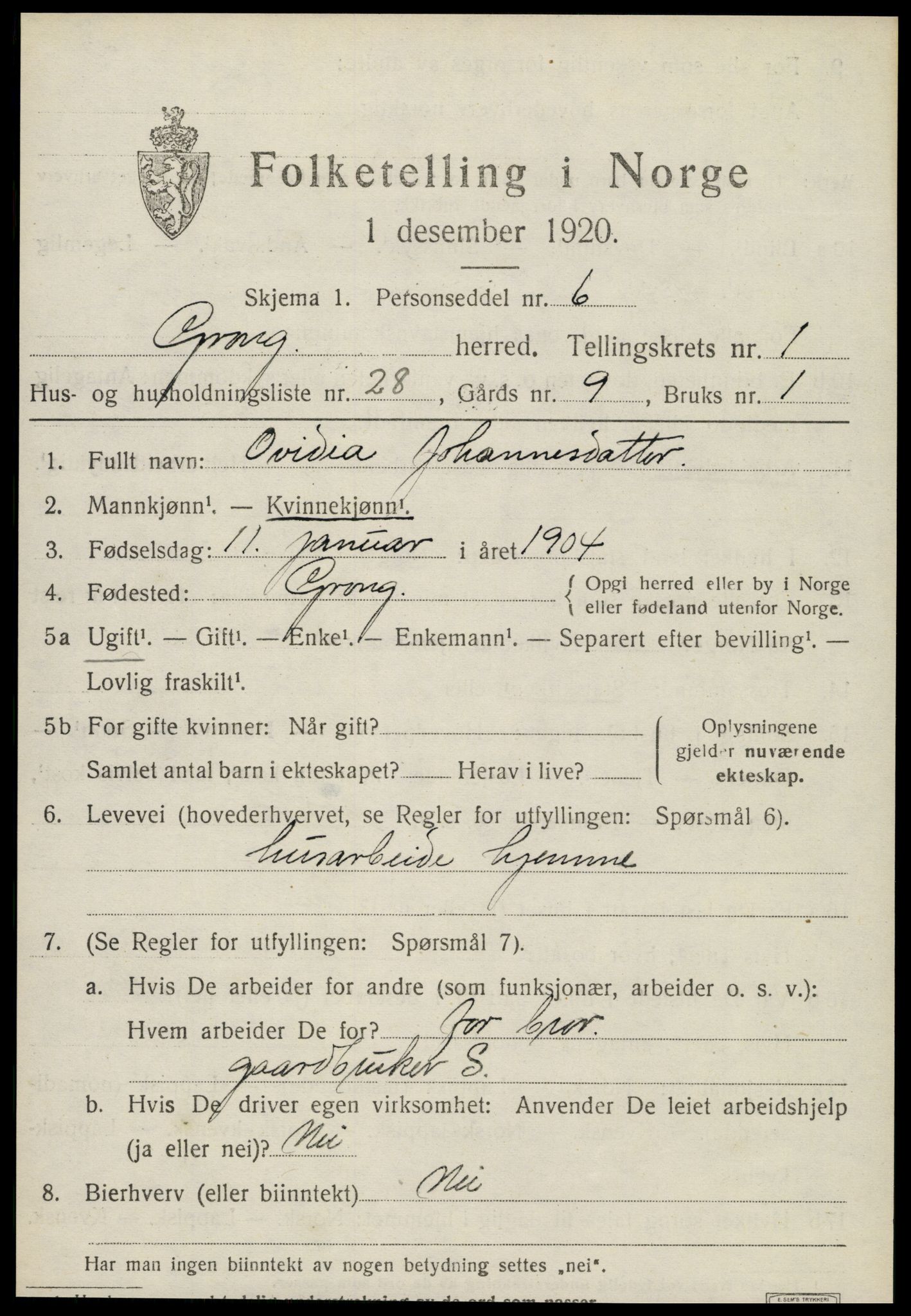 SAT, 1920 census for Grong, 1920, p. 1423