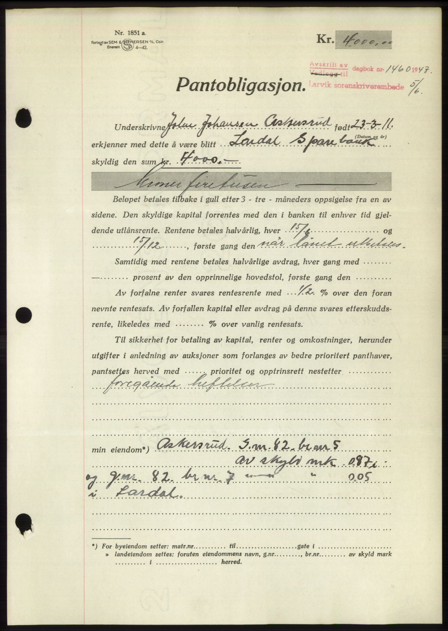 Larvik sorenskriveri, AV/SAKO-A-83/G/Ga/Gac/L0012: Mortgage book no. B-12, 1947-1947, Diary no: : 1460/1947