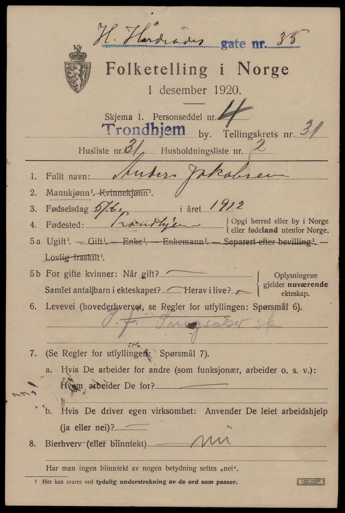 SAT, 1920 census for Trondheim, 1920, p. 77194