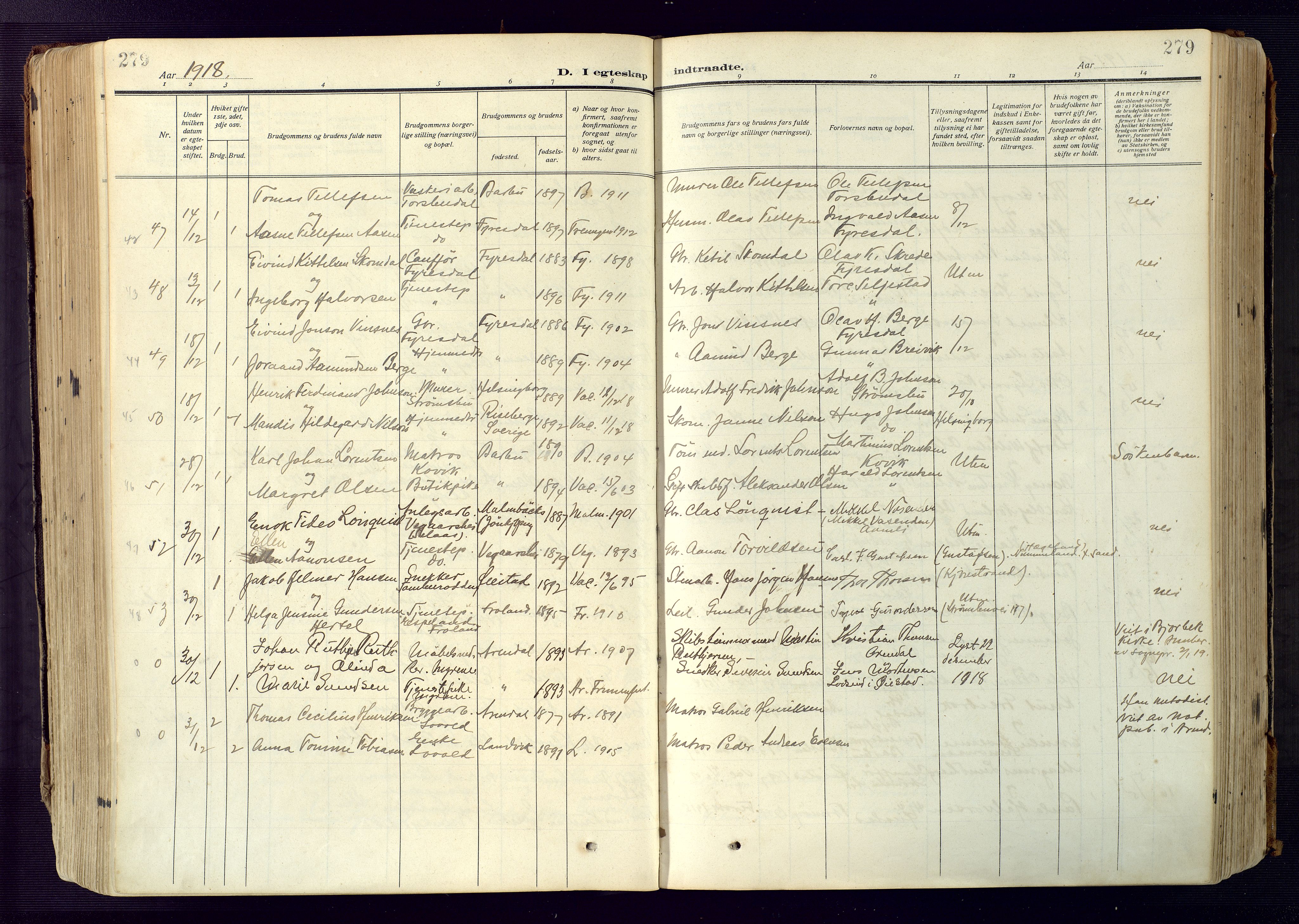 Barbu sokneprestkontor, AV/SAK-1111-0003/F/Fa/L0006: Parish register (official) no. A 6, 1910-1929, p. 279