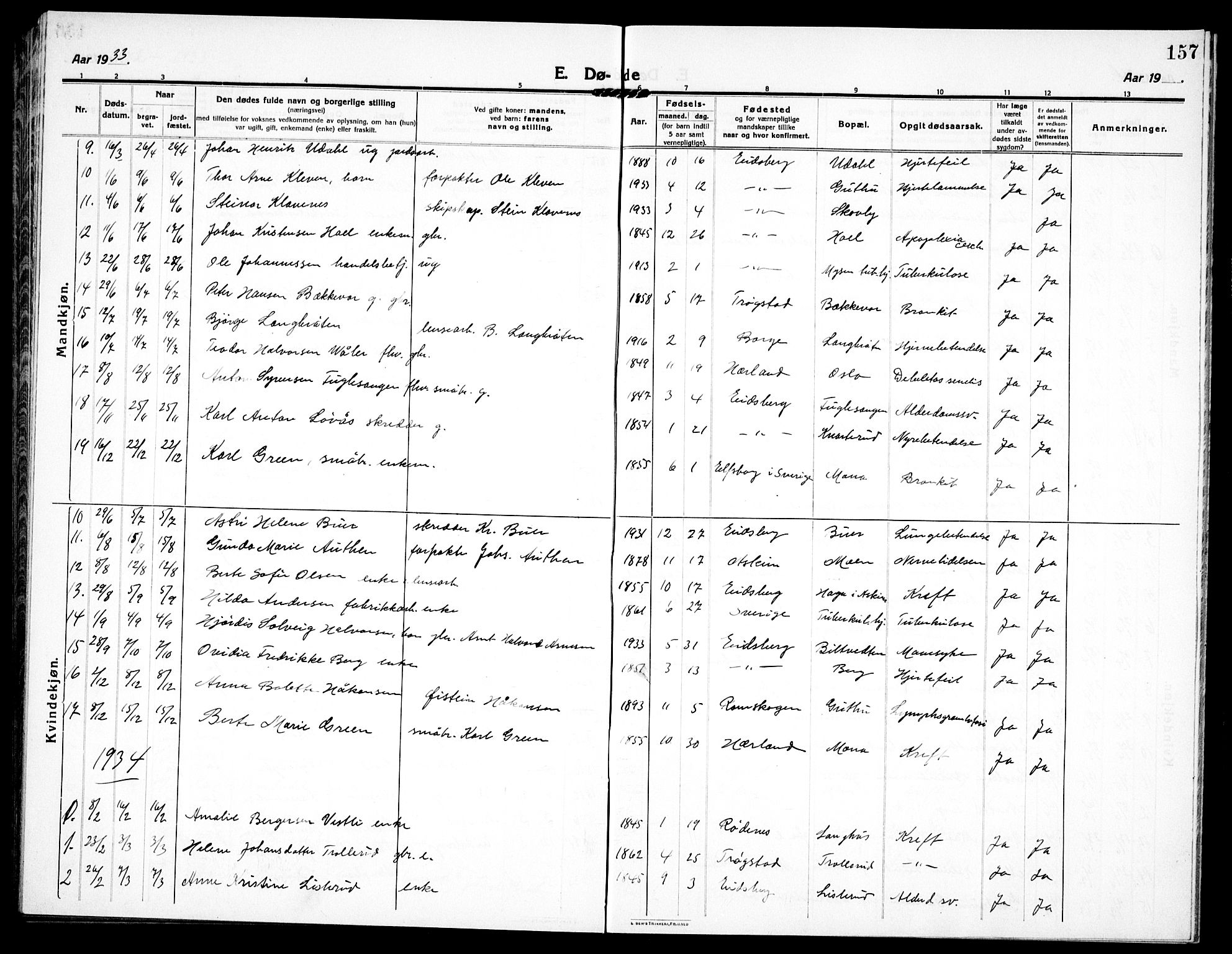 Eidsberg prestekontor Kirkebøker, AV/SAO-A-10905/G/Ga/L0003: Parish register (copy) no. I 3, 1913-1937, p. 157