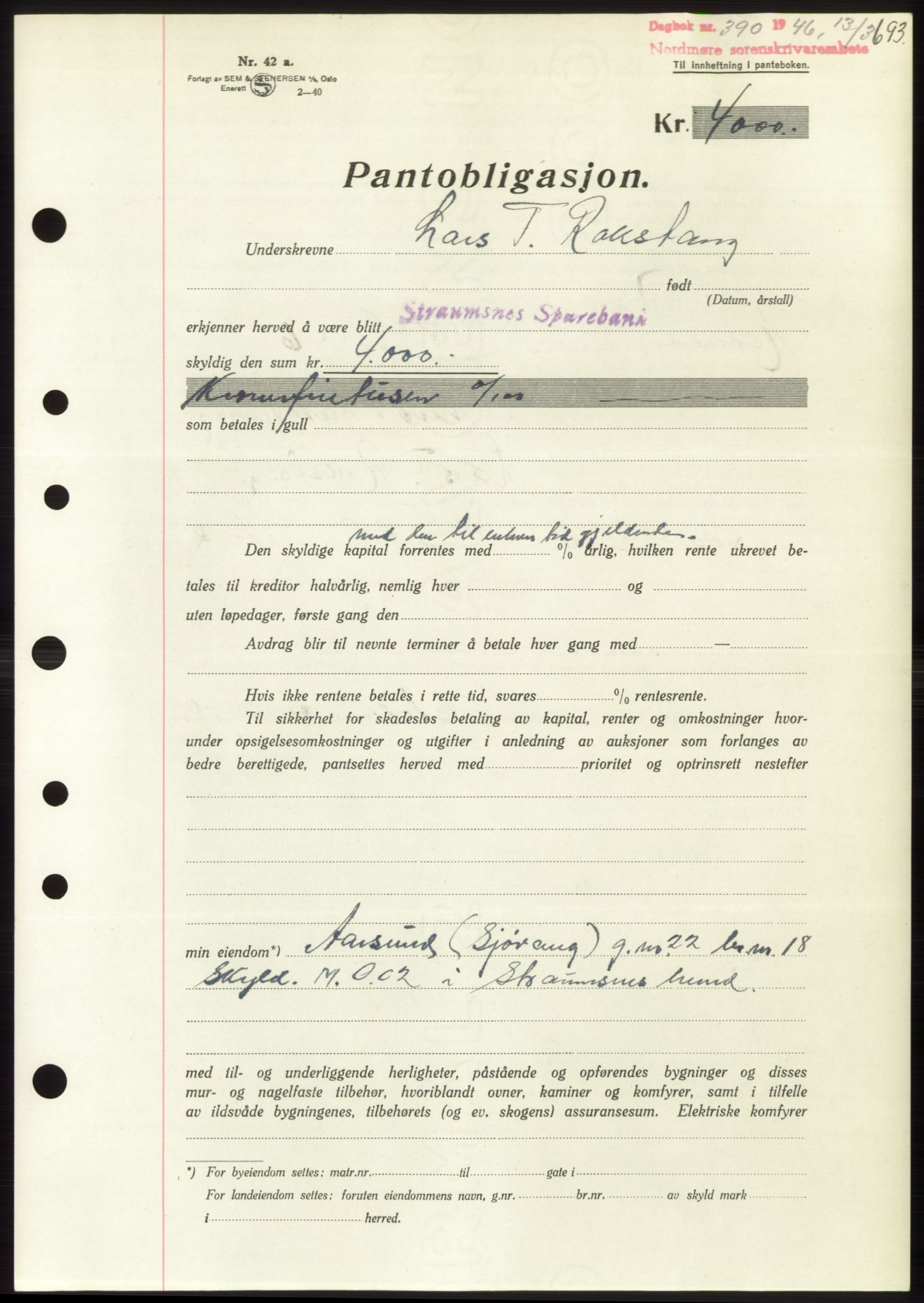 Nordmøre sorenskriveri, AV/SAT-A-4132/1/2/2Ca: Mortgage book no. B93b, 1946-1946, Diary no: : 390/1946