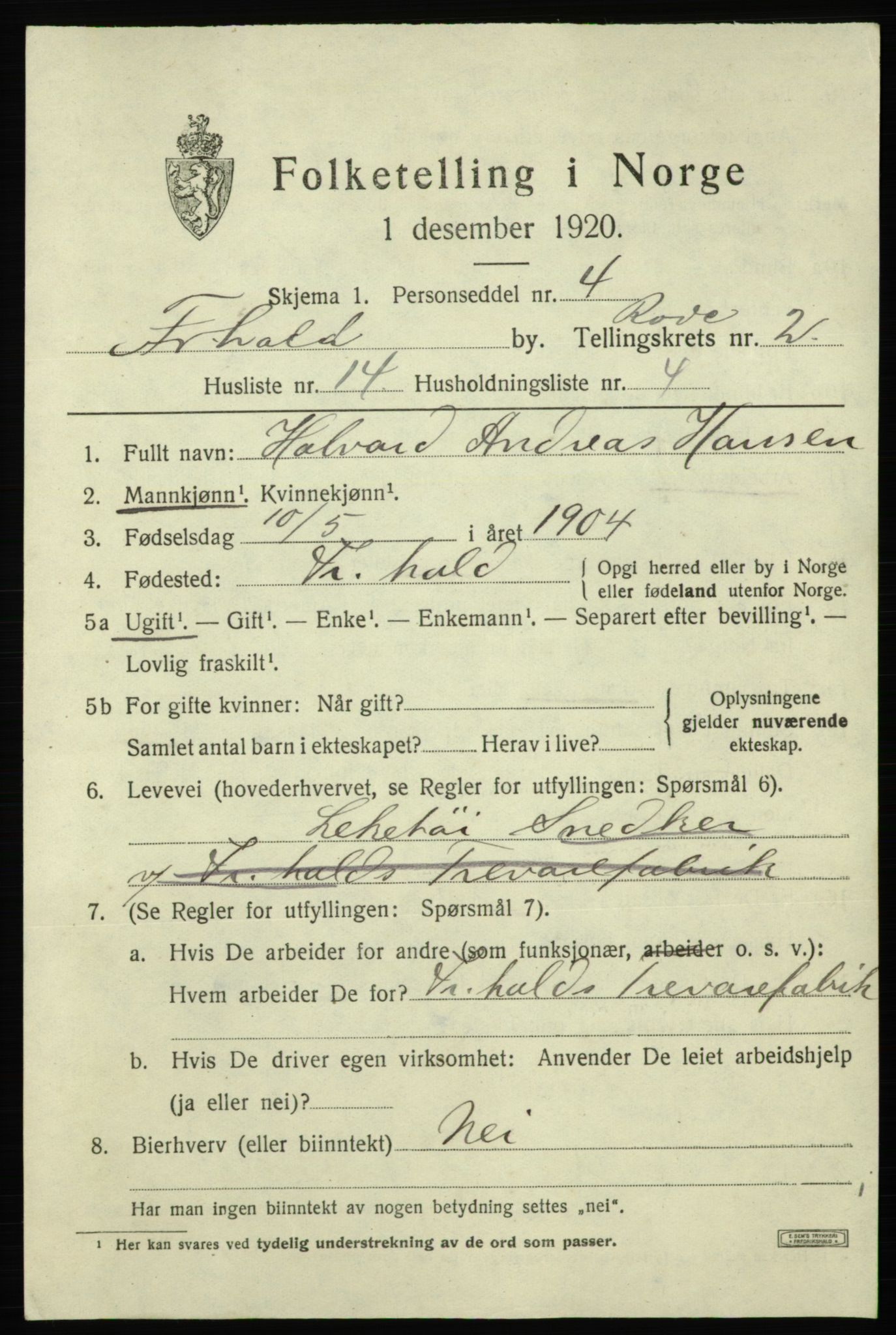 SAO, 1920 census for Fredrikshald, 1920, p. 9592