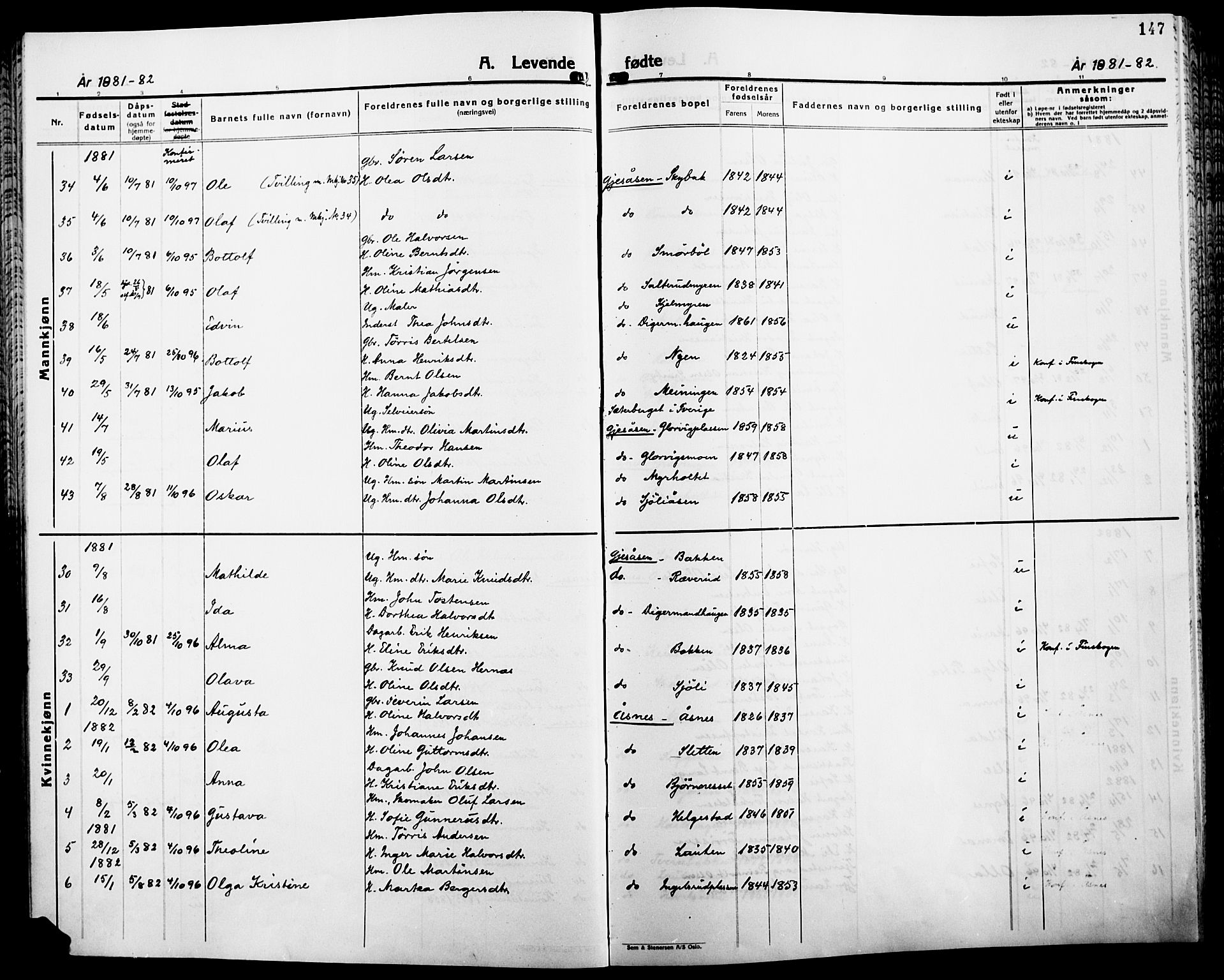 Åsnes prestekontor, AV/SAH-PREST-042/H/Ha/Haa/L0000B: Parish register (official), 1870-1889, p. 147