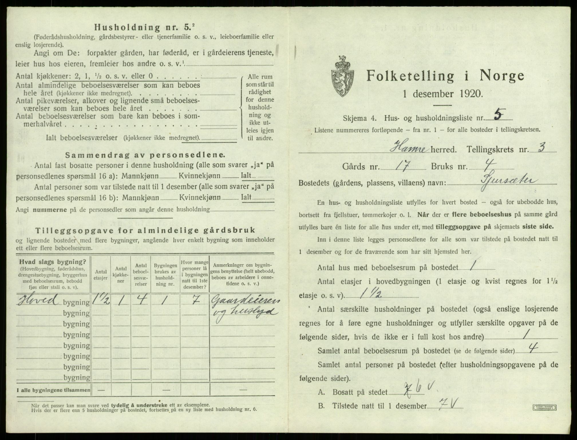 SAB, 1920 census for Hamre, 1920, p. 208