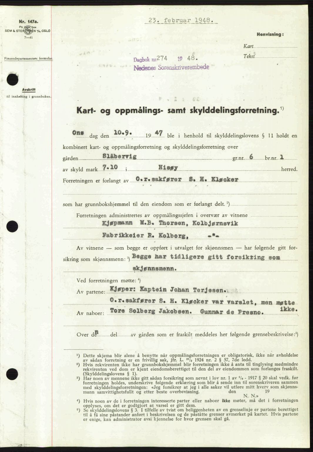Nedenes sorenskriveri, SAK/1221-0006/G/Gb/Gba/L0058: Mortgage book no. A10, 1947-1948, Diary no: : 274/1948