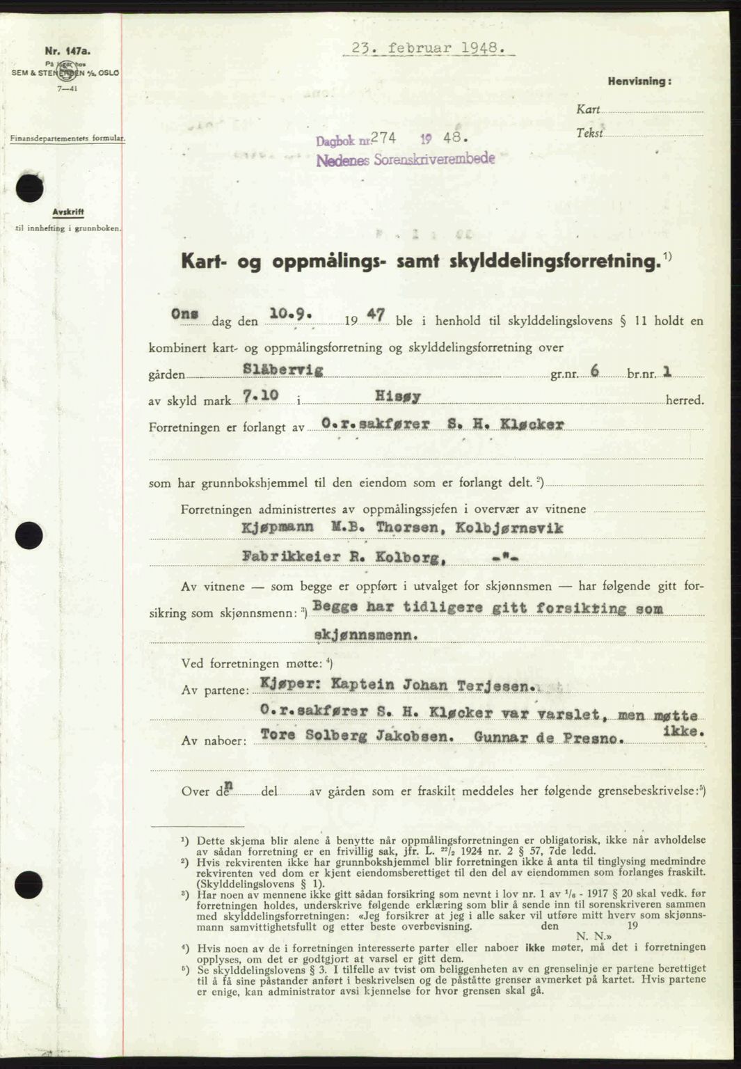 Nedenes sorenskriveri, AV/SAK-1221-0006/G/Gb/Gba/L0058: Mortgage book no. A10, 1947-1948, Diary no: : 274/1948