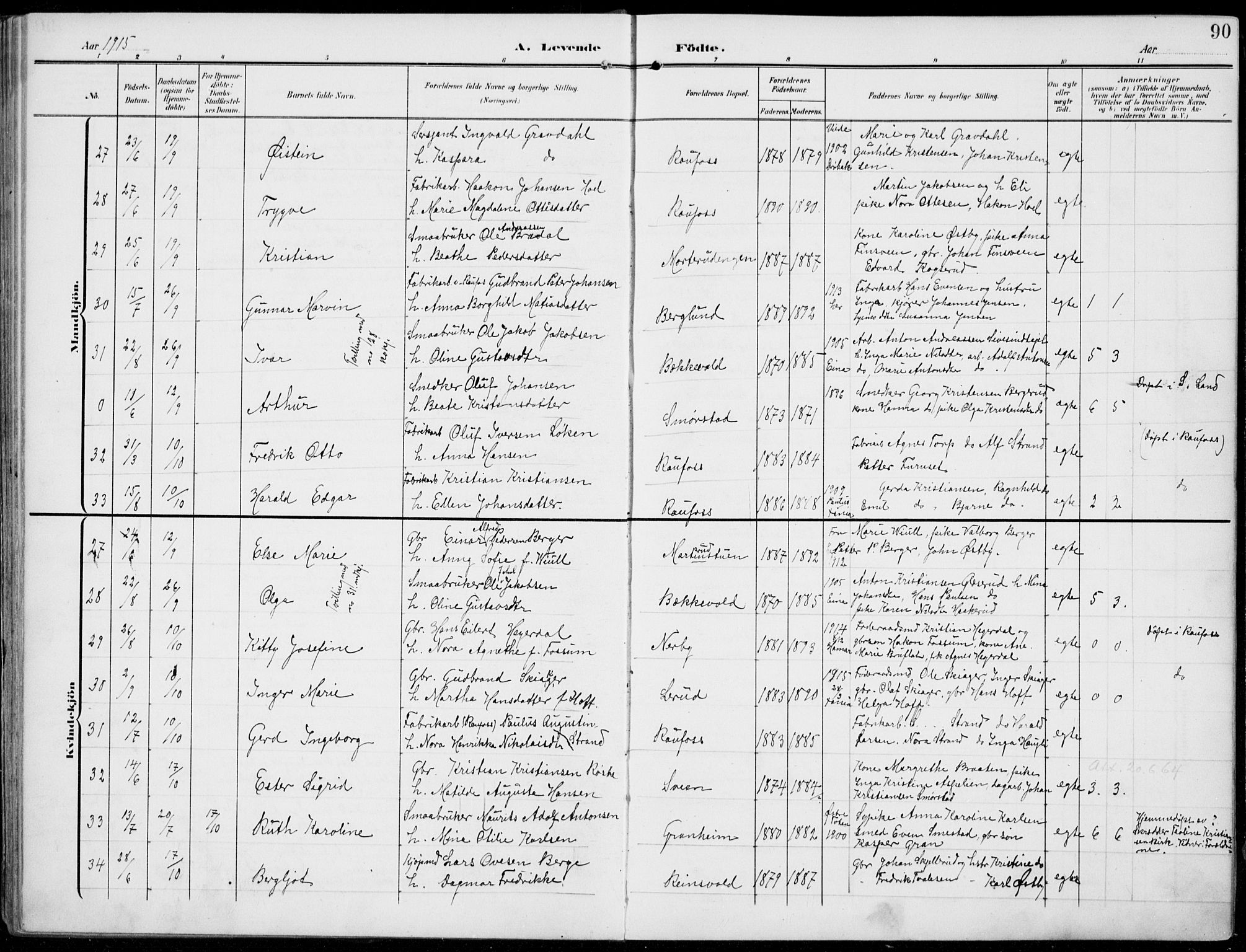 Vestre Toten prestekontor, AV/SAH-PREST-108/H/Ha/Haa/L0014: Parish register (official) no. 14, 1907-1920, p. 90