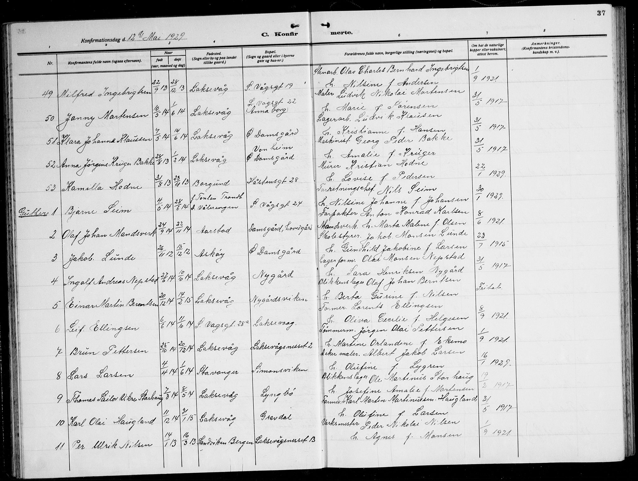 Laksevåg Sokneprestembete, SAB/A-76501/H/Ha/Hab/Haba: Parish register (copy) no. A 10, 1925-1942, p. 37