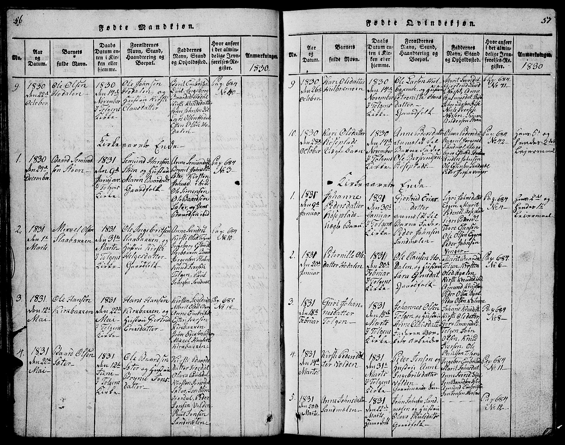 Tolga prestekontor, AV/SAH-PREST-062/L/L0001: Parish register (copy) no. 1, 1814-1877, p. 56-57