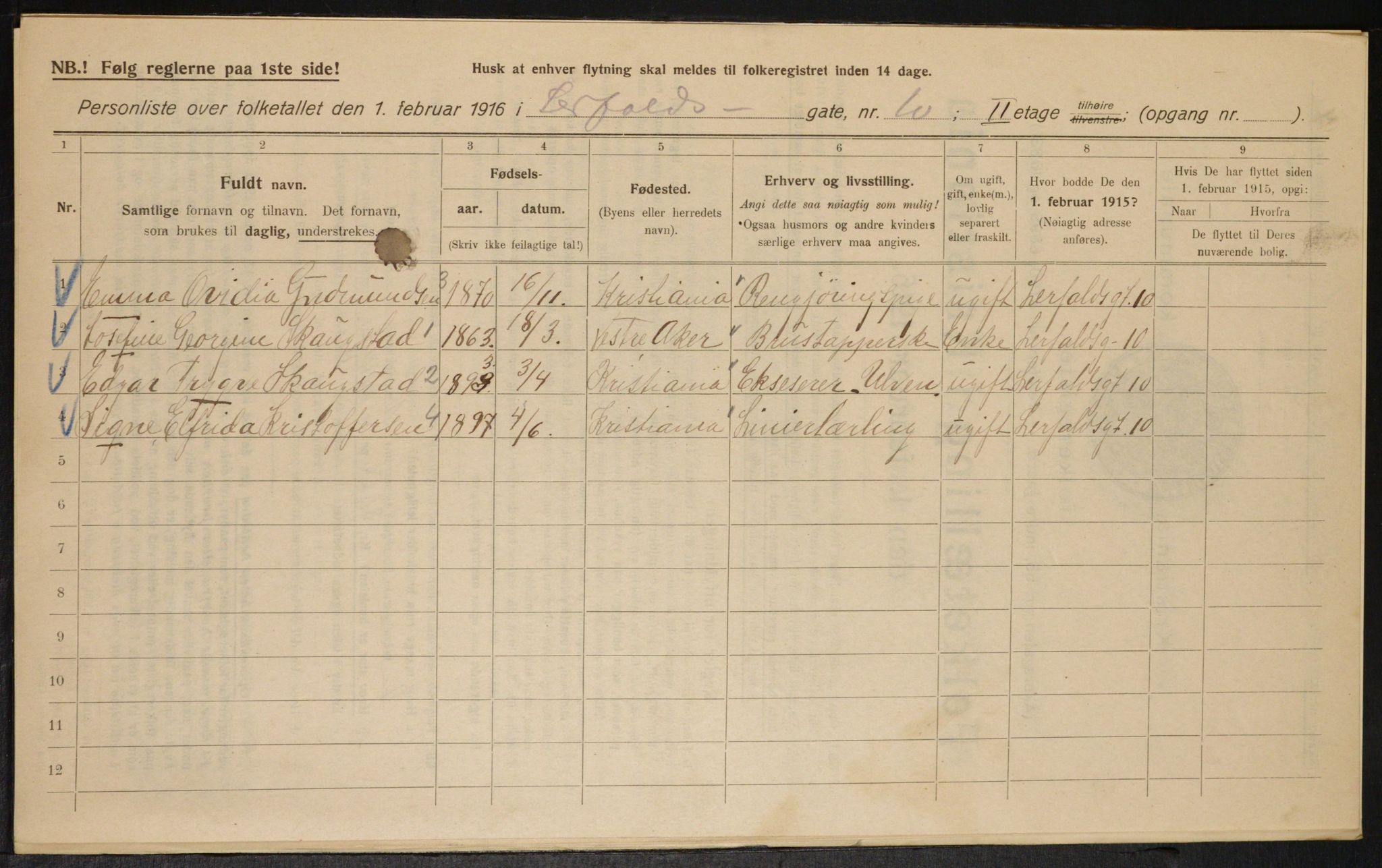 OBA, Municipal Census 1916 for Kristiania, 1916, p. 58725