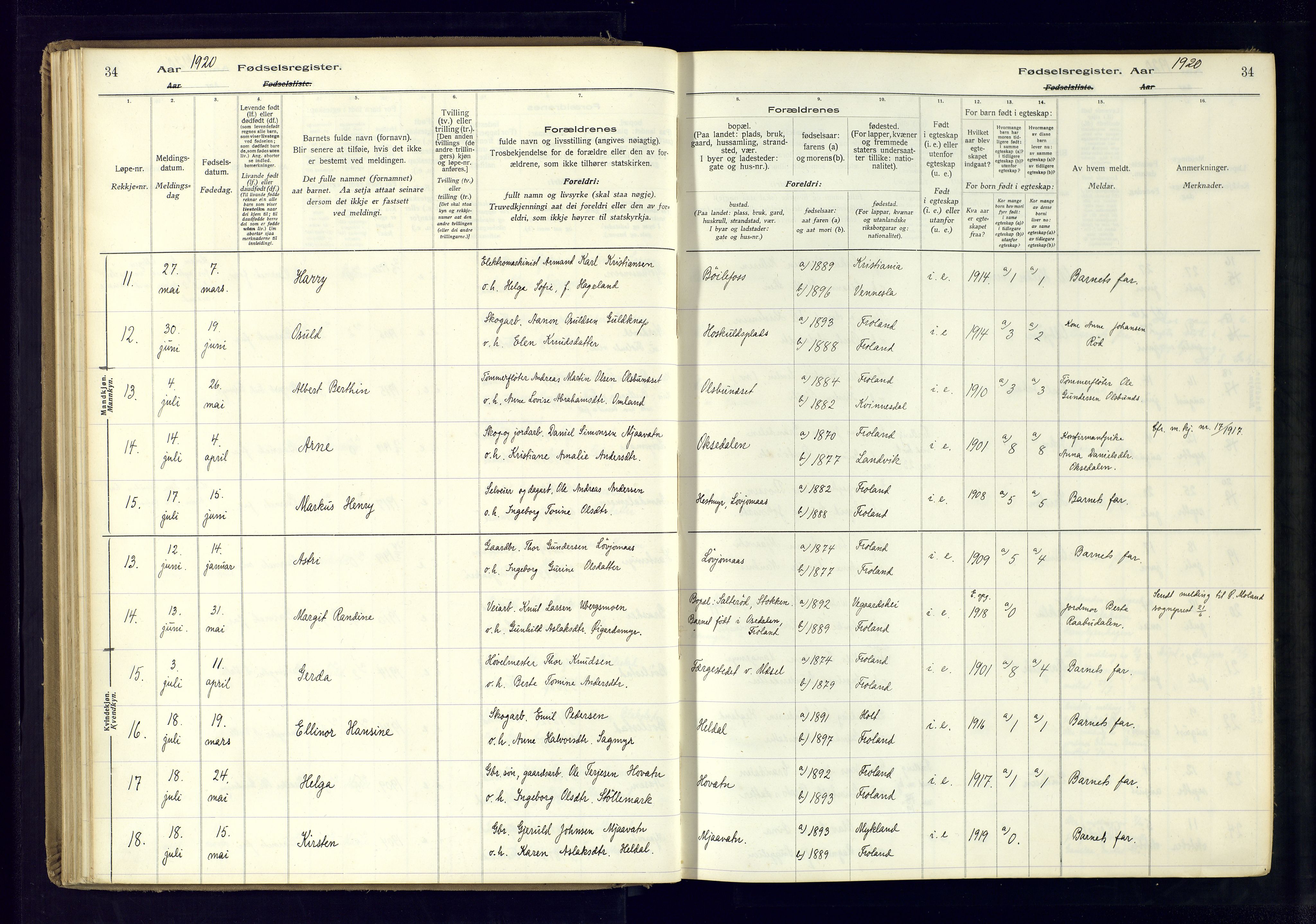 Froland sokneprestkontor, AV/SAK-1111-0013/J/Ja/L0001: Birth register no. 1, 1916-1950, p. 34