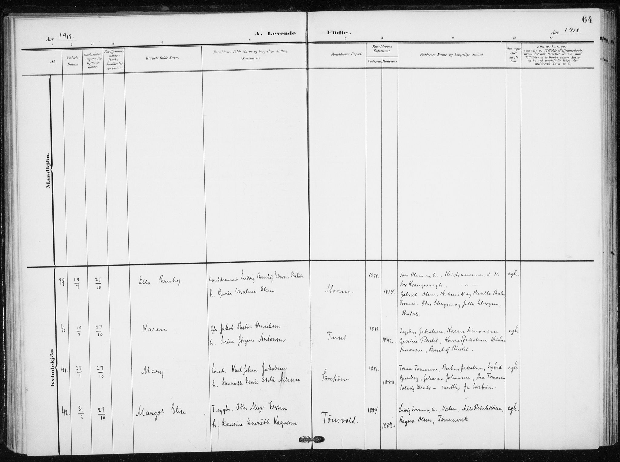 Tranøy sokneprestkontor, AV/SATØ-S-1313/I/Ia/Iaa/L0012kirke: Parish register (official) no. 12, 1905-1918, p. 64