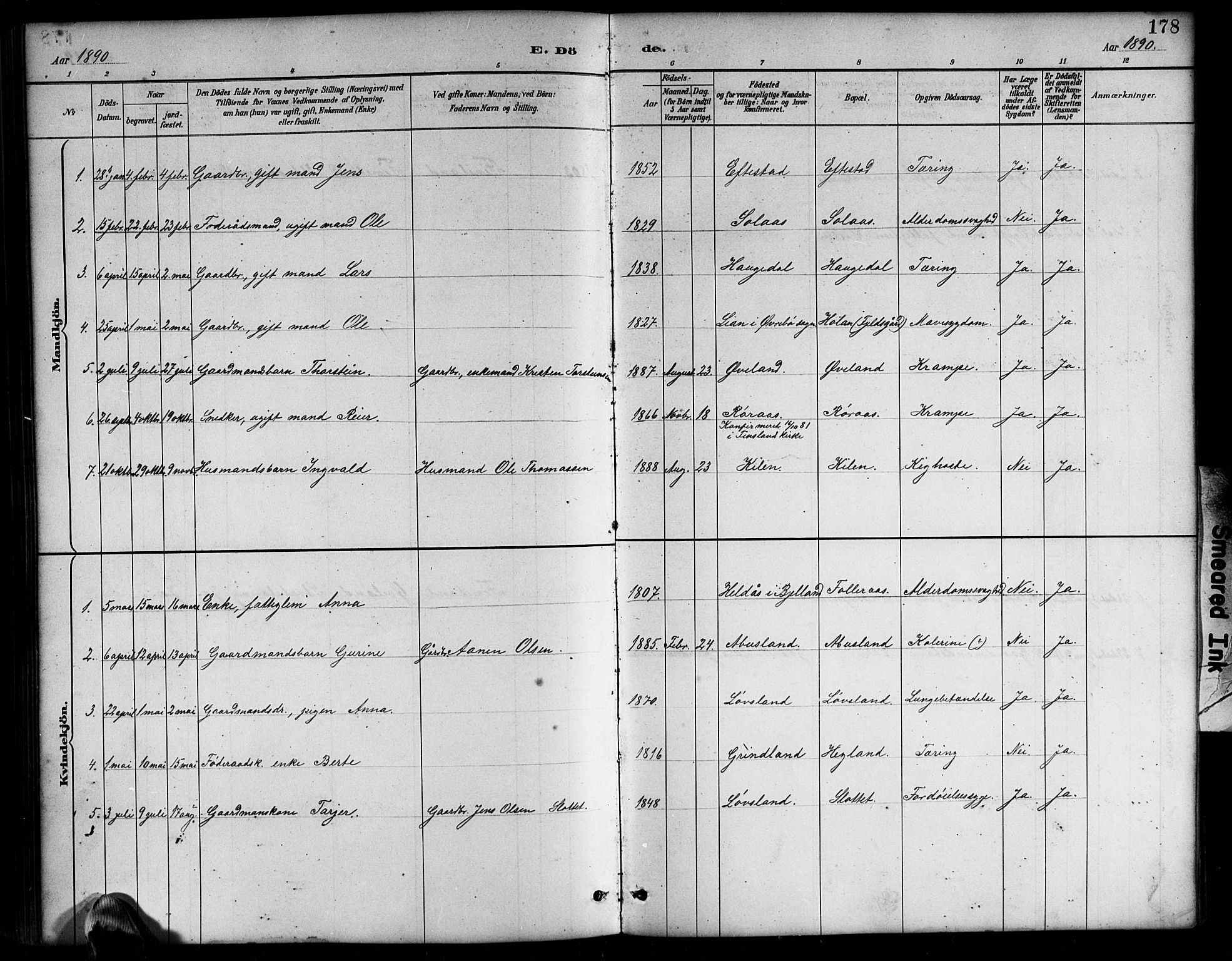 Bjelland sokneprestkontor, SAK/1111-0005/F/Fb/Fbb/L0005: Parish register (copy) no. B 5, 1887-1918, p. 178