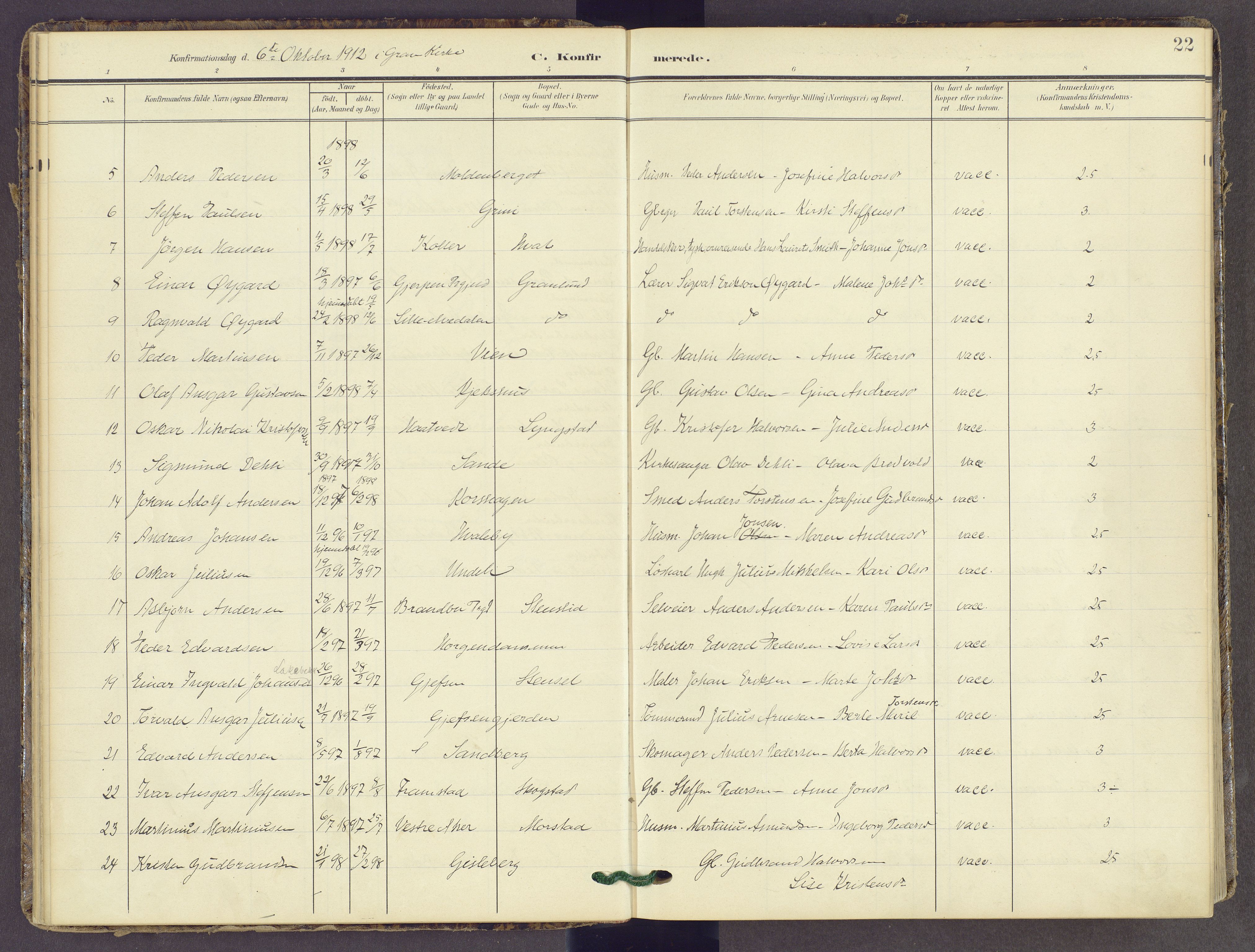 Gran prestekontor, SAH/PREST-112/H/Ha/Haa/L0022: Parish register (official) no. 22, 1908-1918, p. 22