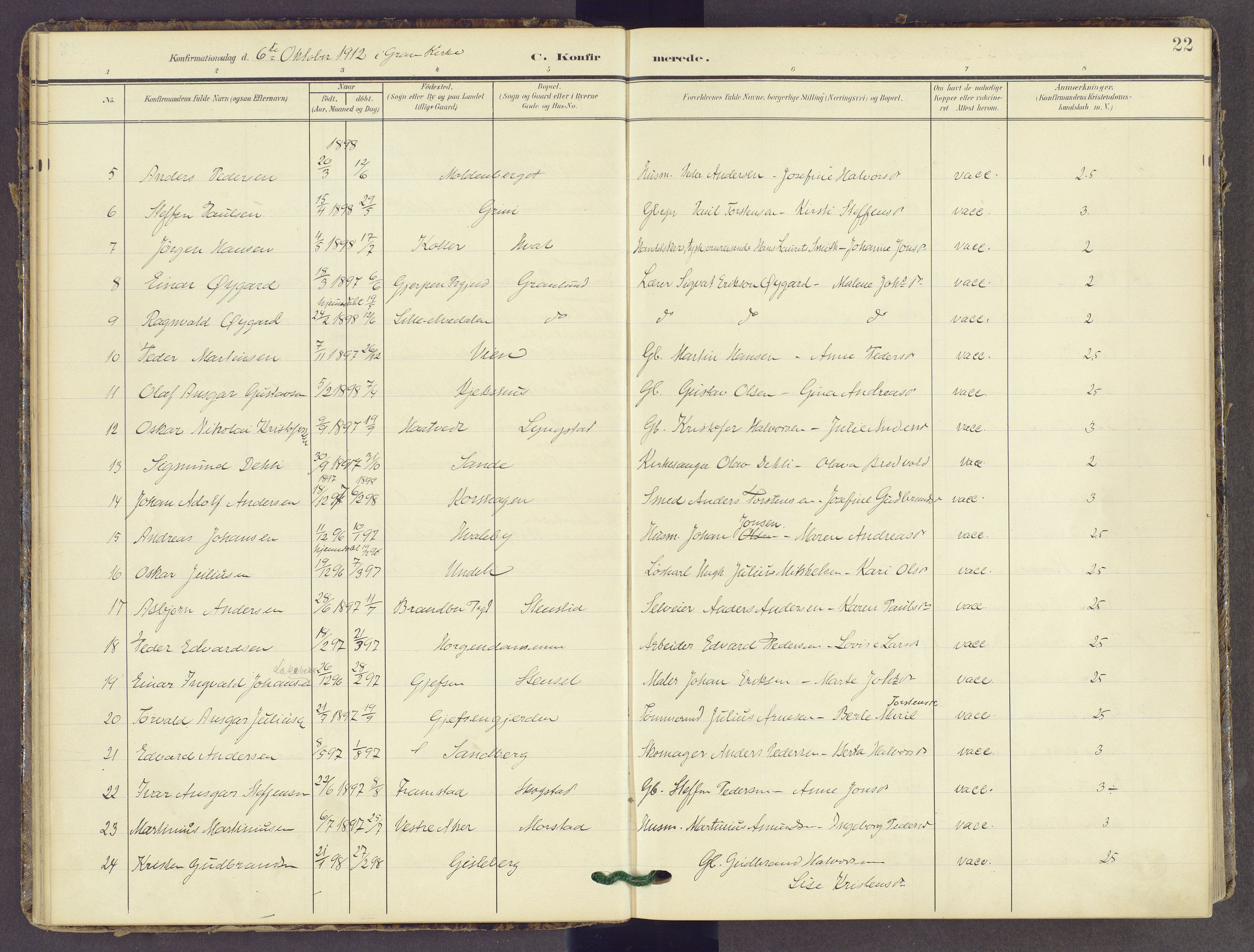 Gran prestekontor, AV/SAH-PREST-112/H/Ha/Haa/L0022: Parish register (official) no. 22, 1908-1918, p. 22