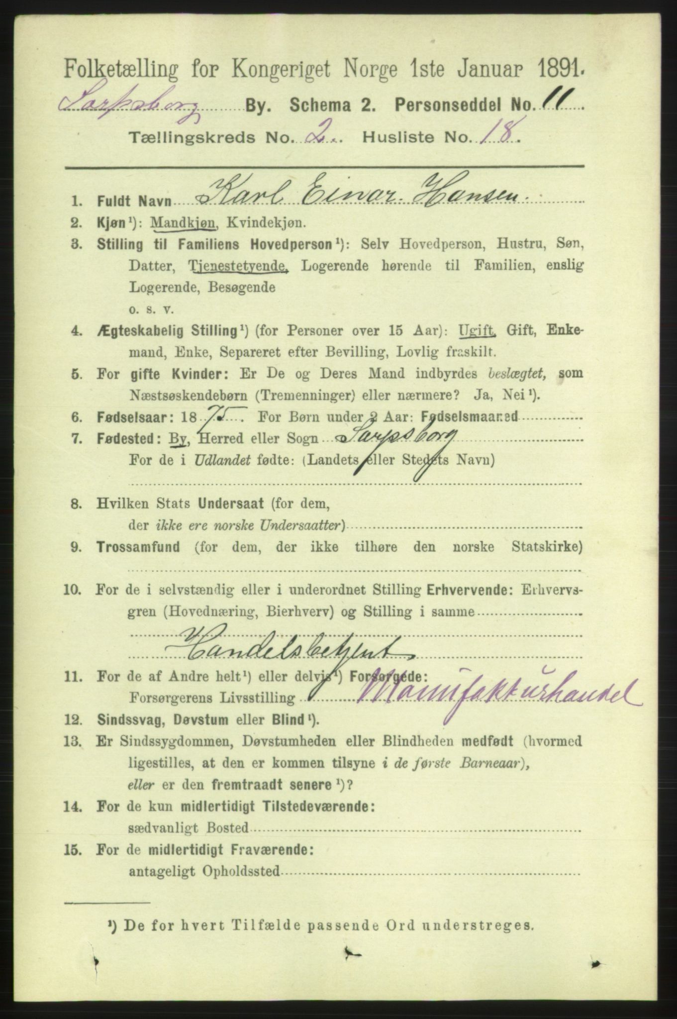 RA, 1891 census for 0102 Sarpsborg, 1891, p. 1425
