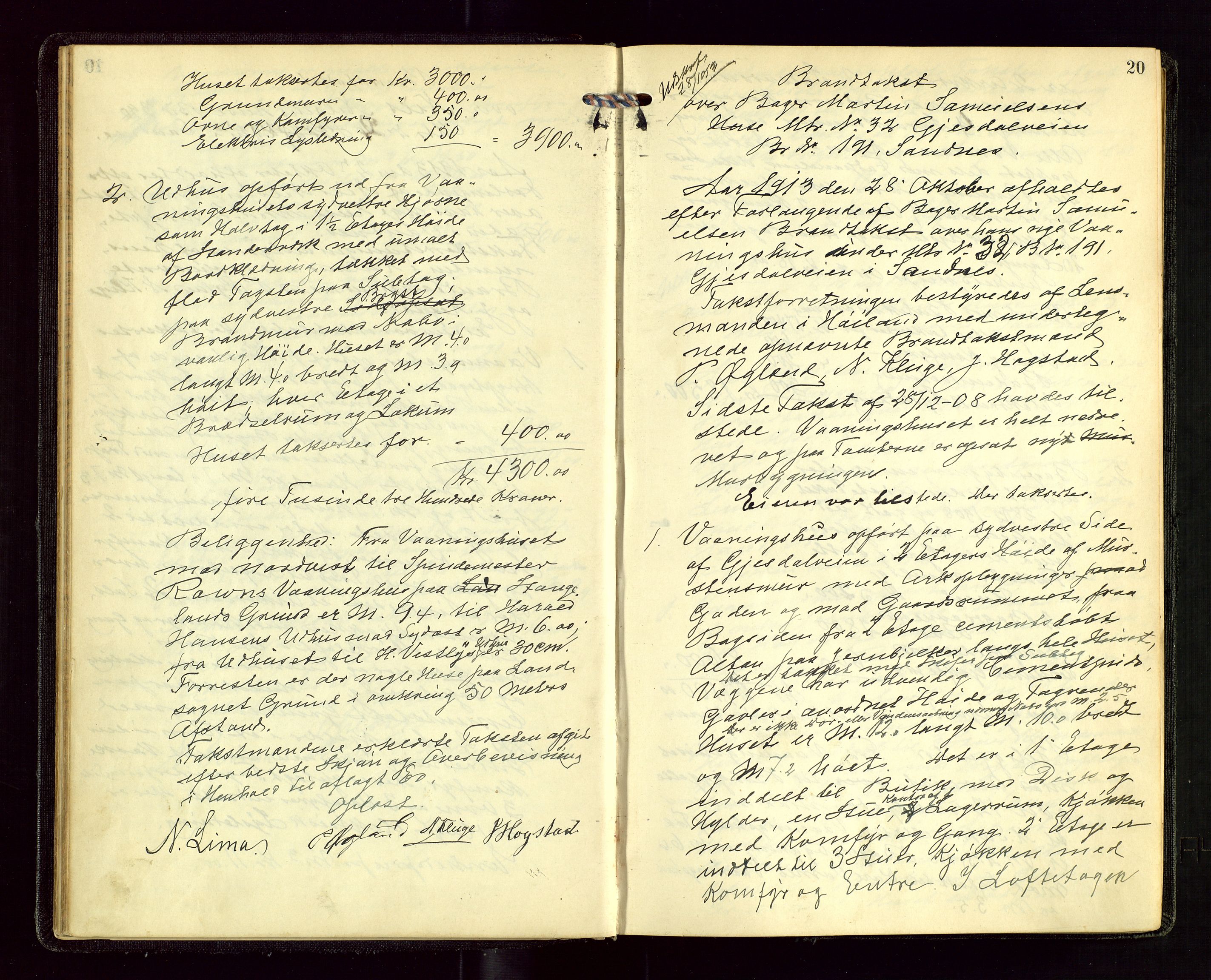 Sandnes lensmannskontor, AV/SAST-A-100167/Goa/L0001: "Brandtakstprotokol", 1913-1919, p. 19b-20a