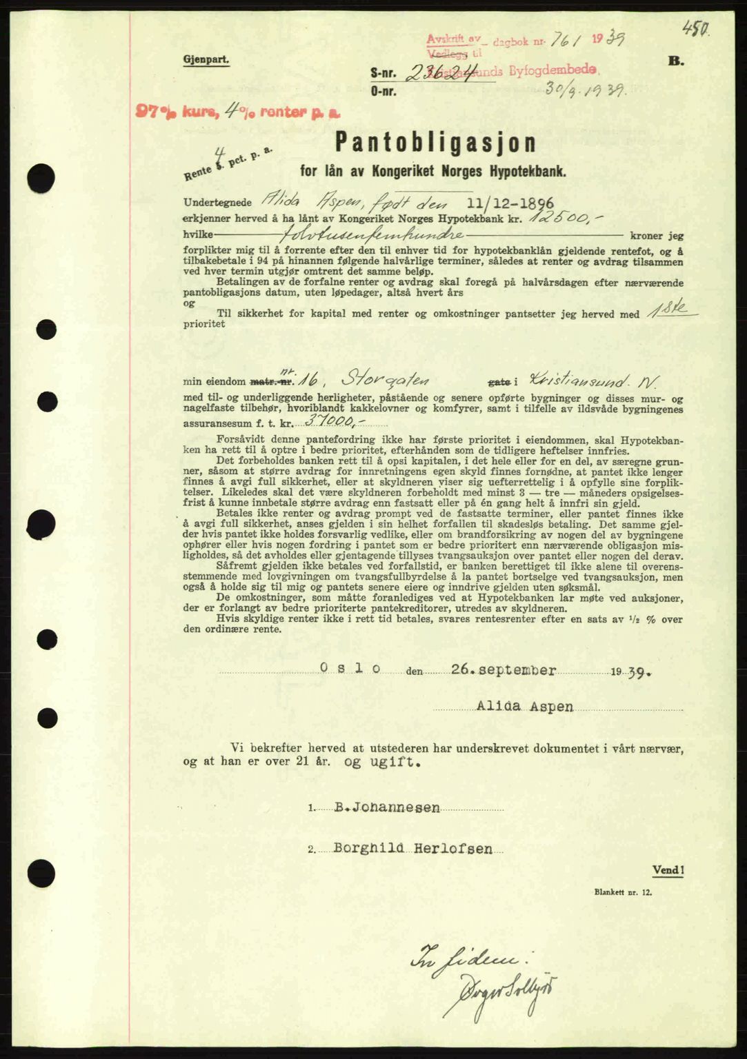 Kristiansund byfogd, SAT/A-4587/A/27: Mortgage book no. 31, 1938-1939, Diary no: : 761/1939