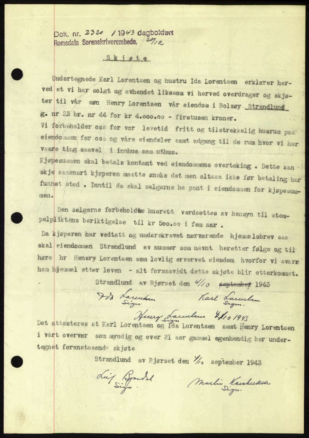 Romsdal sorenskriveri, SAT/A-4149/1/2/2C: Mortgage book no. A15, 1943-1944, Diary no: : 2320/1943