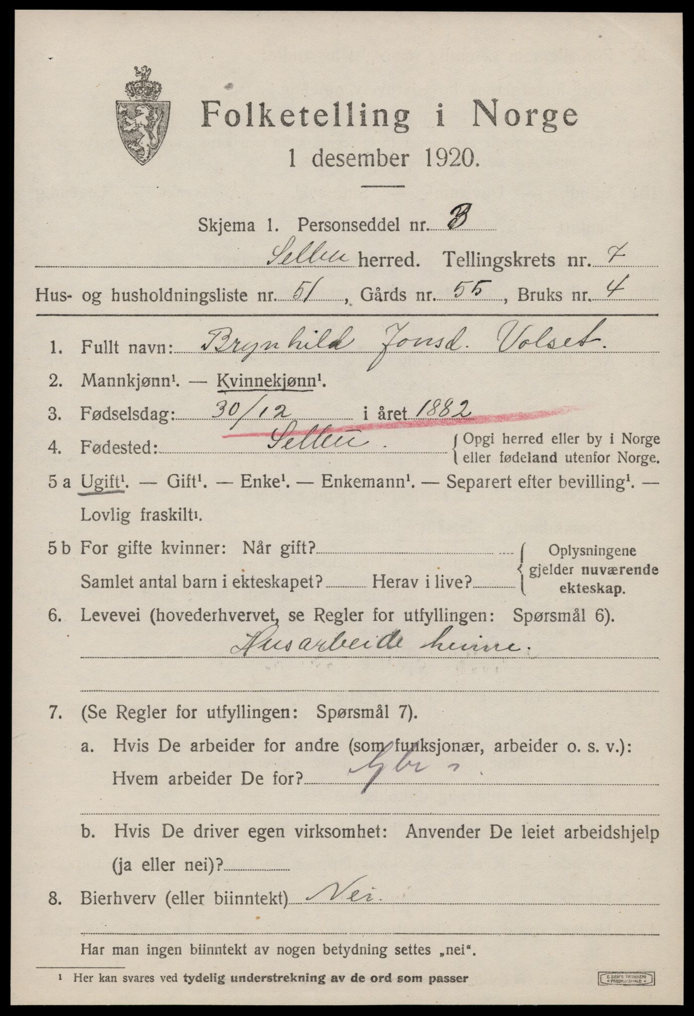 SAT, 1920 census for Selbu, 1920, p. 4418