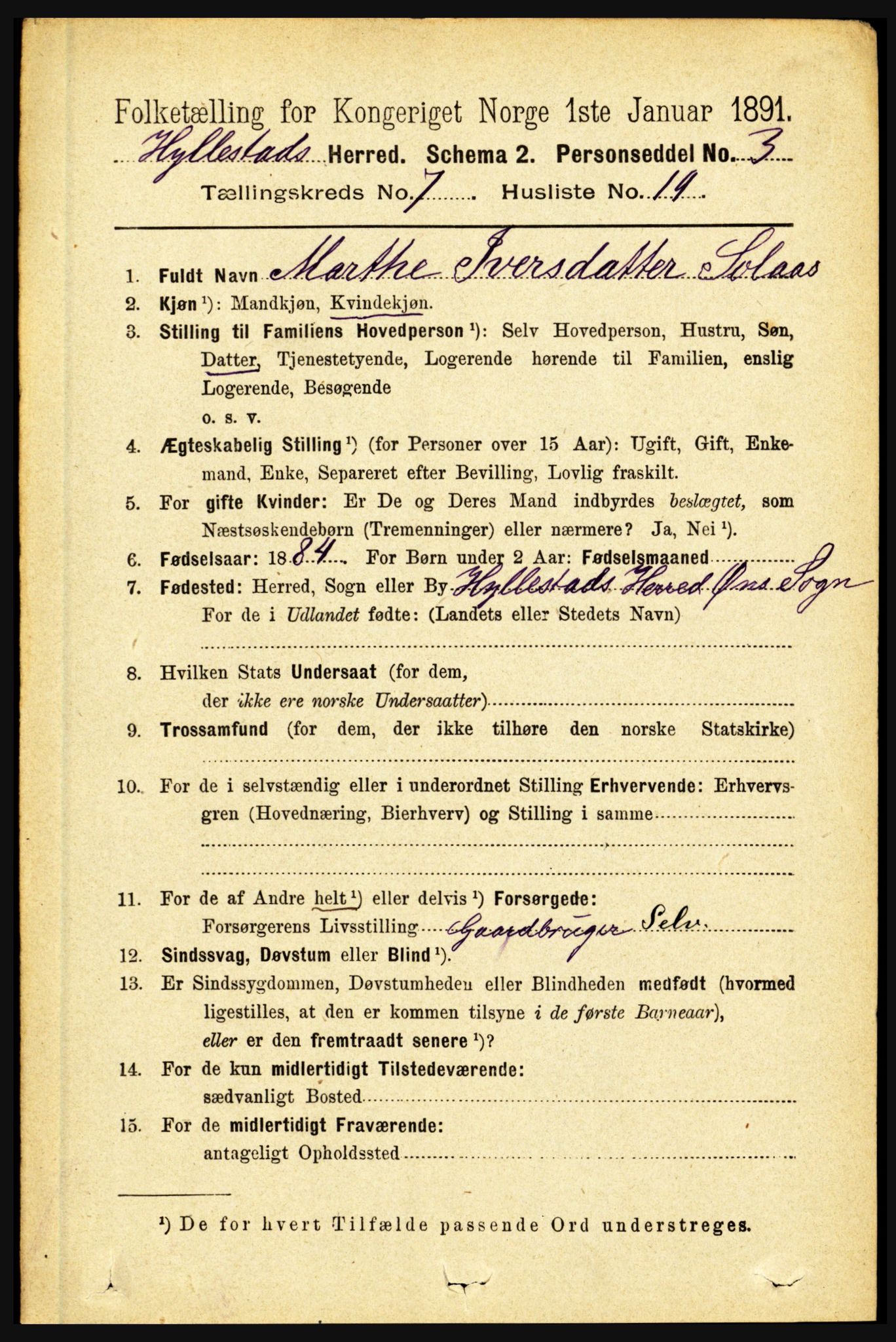 RA, 1891 census for 1413 Hyllestad, 1891, p. 1274