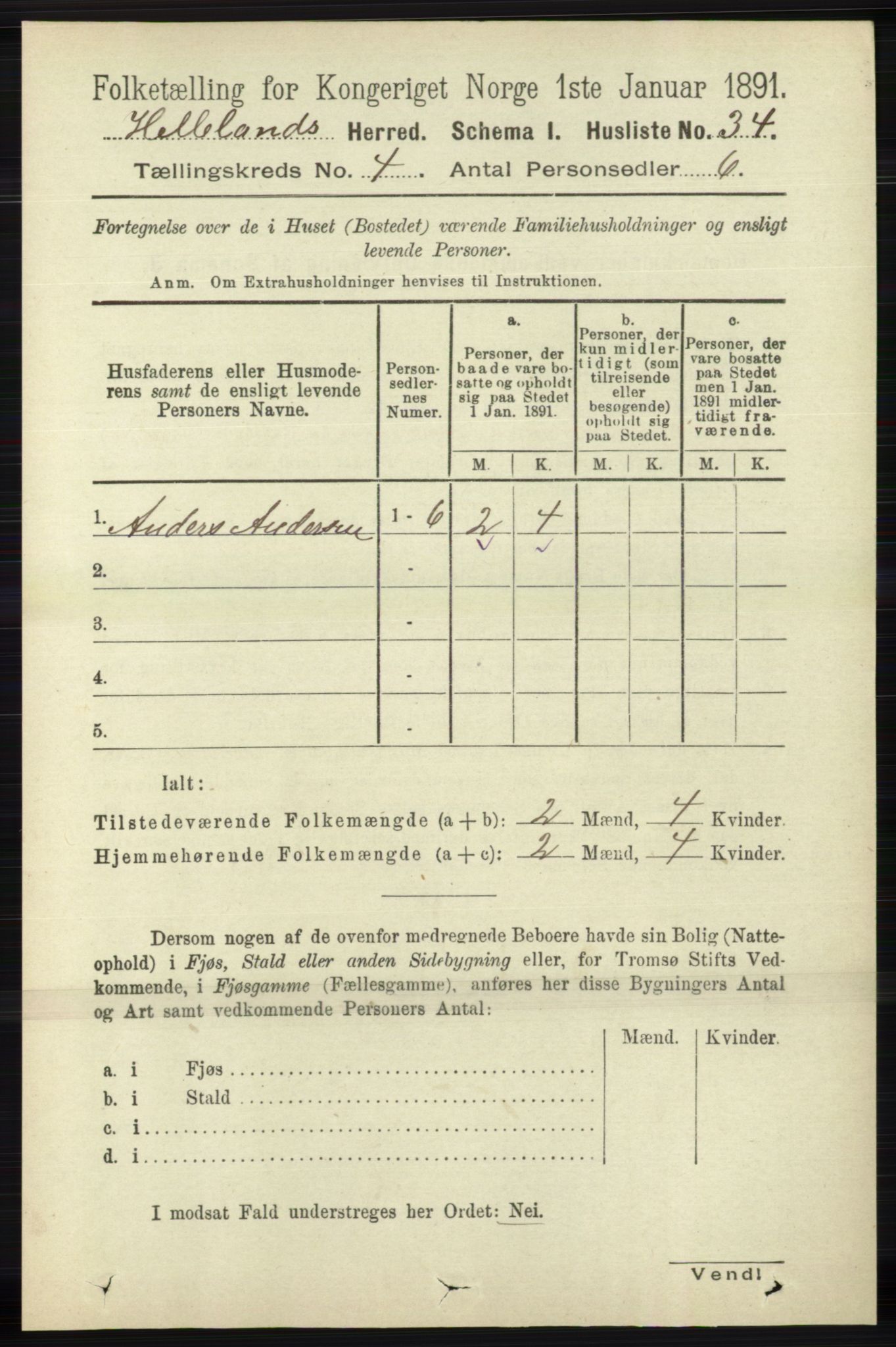 RA, 1891 census for 1115 Helleland, 1891, p. 1145