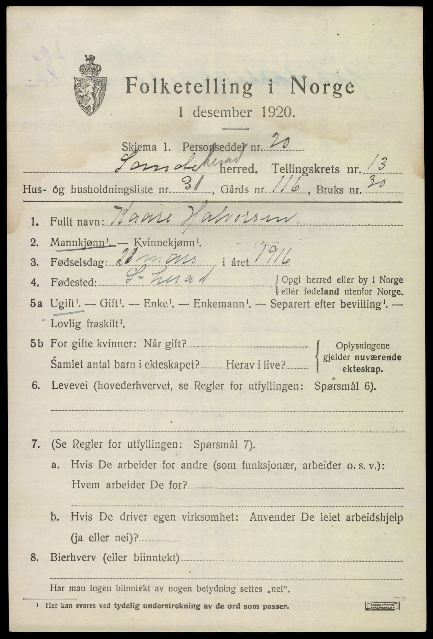 SAKO, 1920 census for Sandeherred, 1920, p. 19662