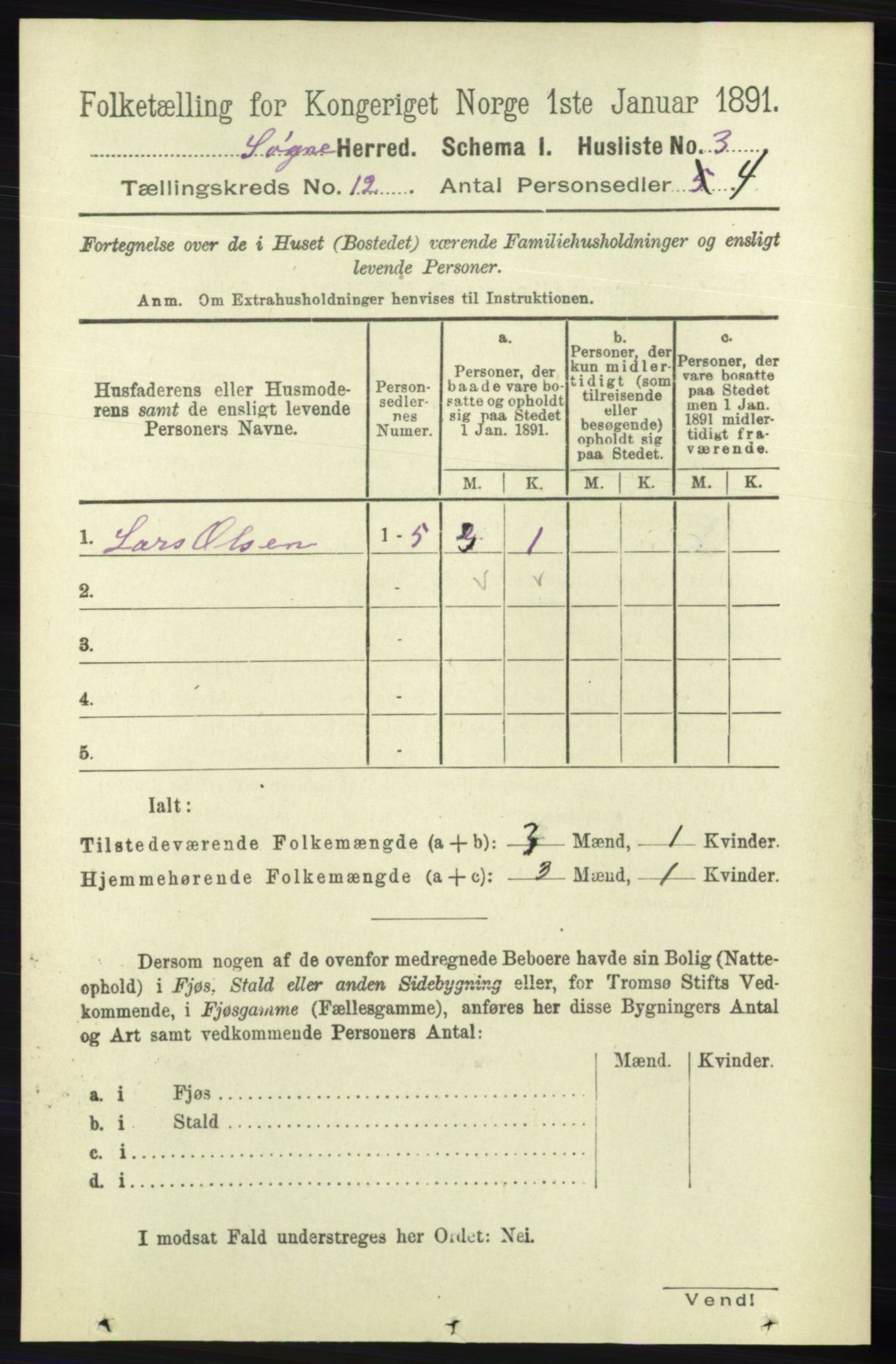 RA, 1891 census for 1018 Søgne, 1891, p. 3106