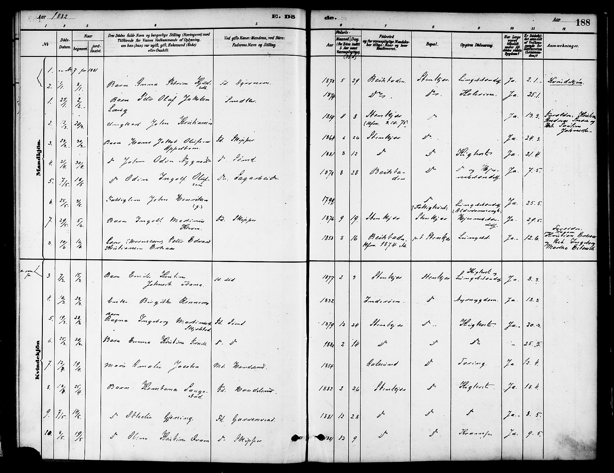 Ministerialprotokoller, klokkerbøker og fødselsregistre - Nord-Trøndelag, SAT/A-1458/739/L0371: Parish register (official) no. 739A03, 1881-1895, p. 188