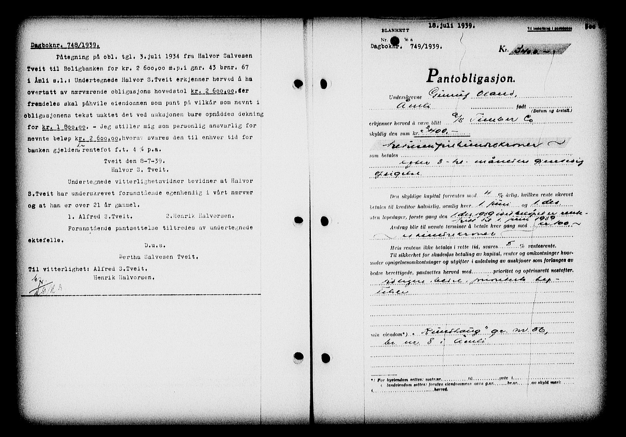 Nedenes sorenskriveri, AV/SAK-1221-0006/G/Gb/Gba/L0046: Mortgage book no. 42, 1938-1939, Diary no: : 749/1939