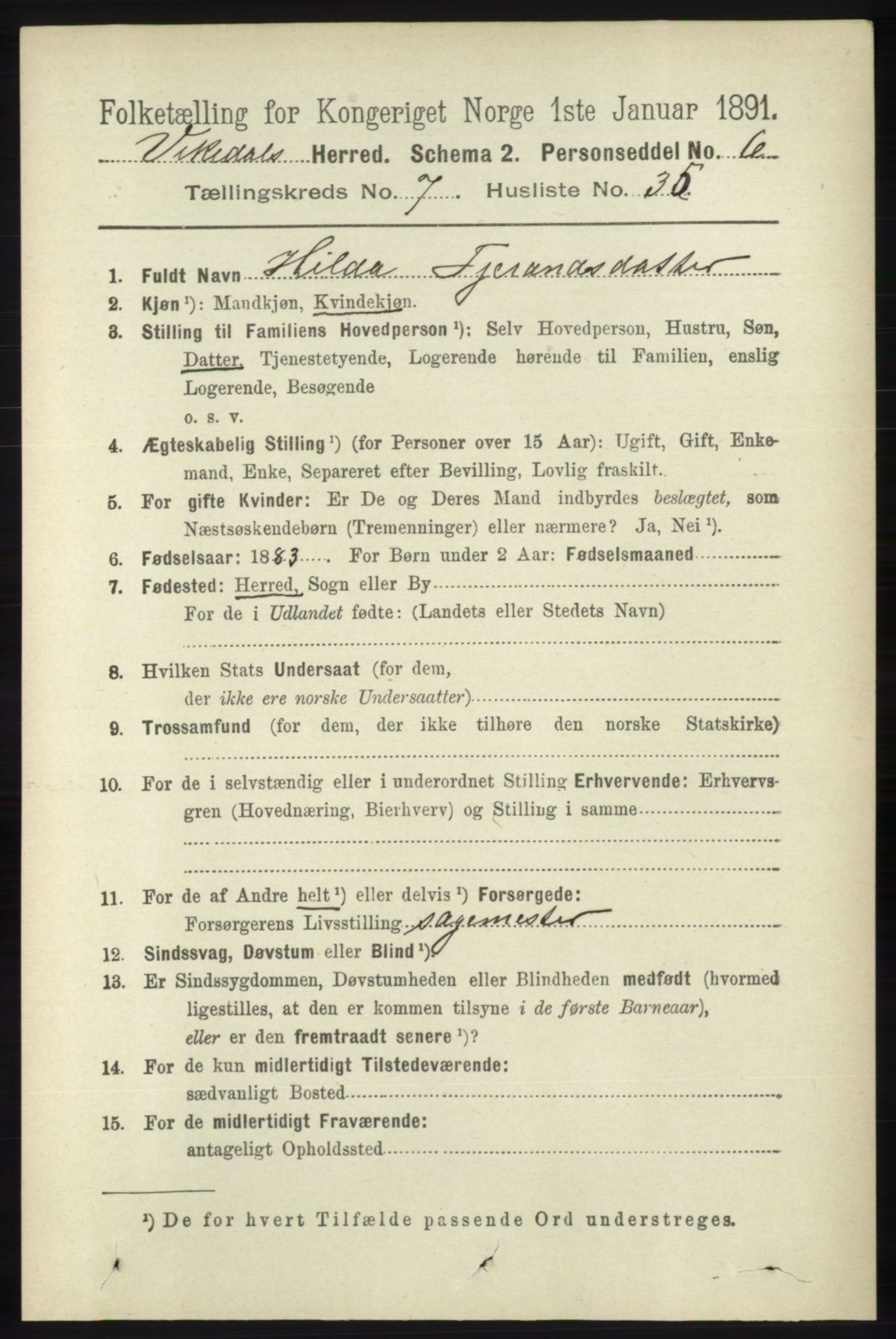 RA, 1891 census for 1157 Vikedal, 1891, p. 2182