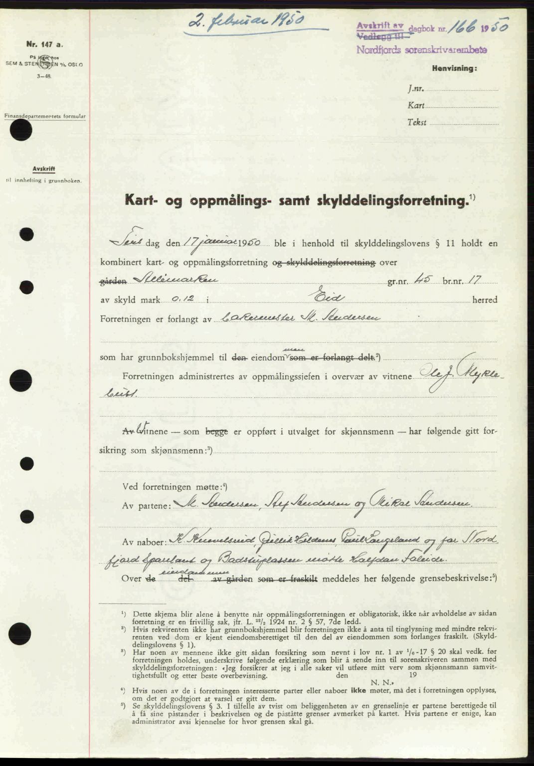 Nordfjord sorenskriveri, SAB/A-2801/02/02b/02bj/L0016a: Mortgage book no. A16 I, 1949-1950, Diary no: : 166/1950