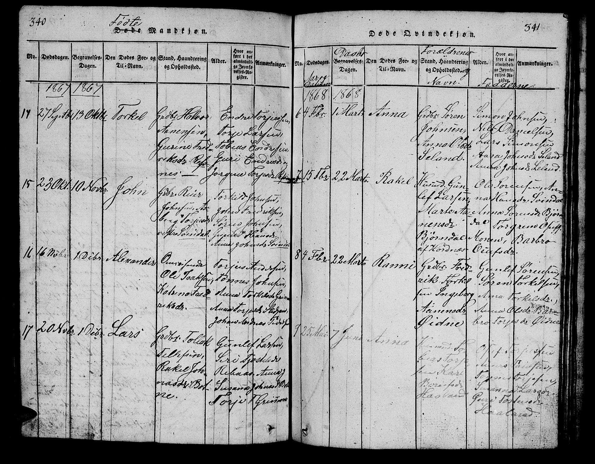 Bjelland sokneprestkontor, AV/SAK-1111-0005/F/Fb/Fbc/L0001: Parish register (copy) no. B 1, 1815-1870, p. 340-341