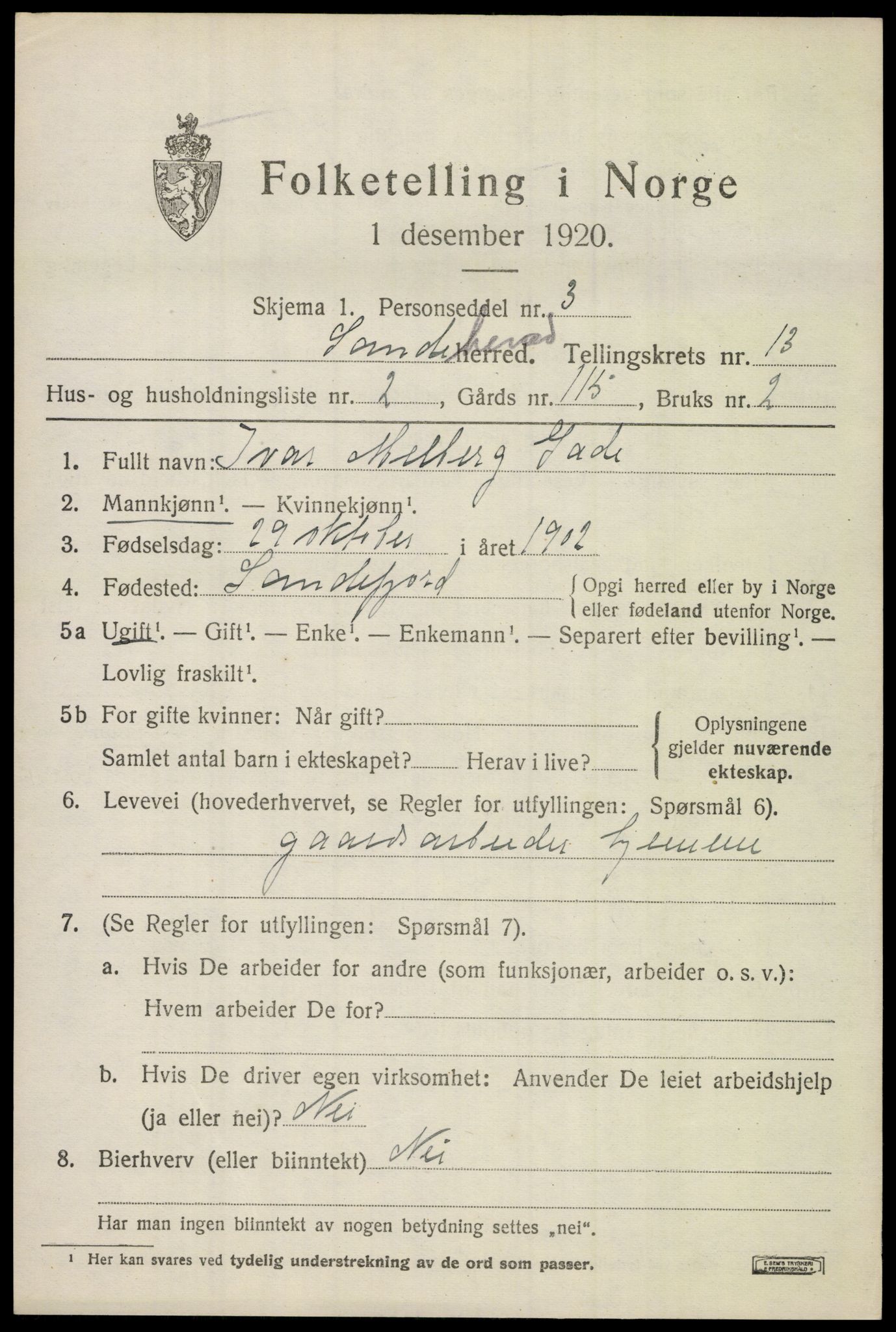 SAKO, 1920 census for Sandeherred, 1920, p. 19116