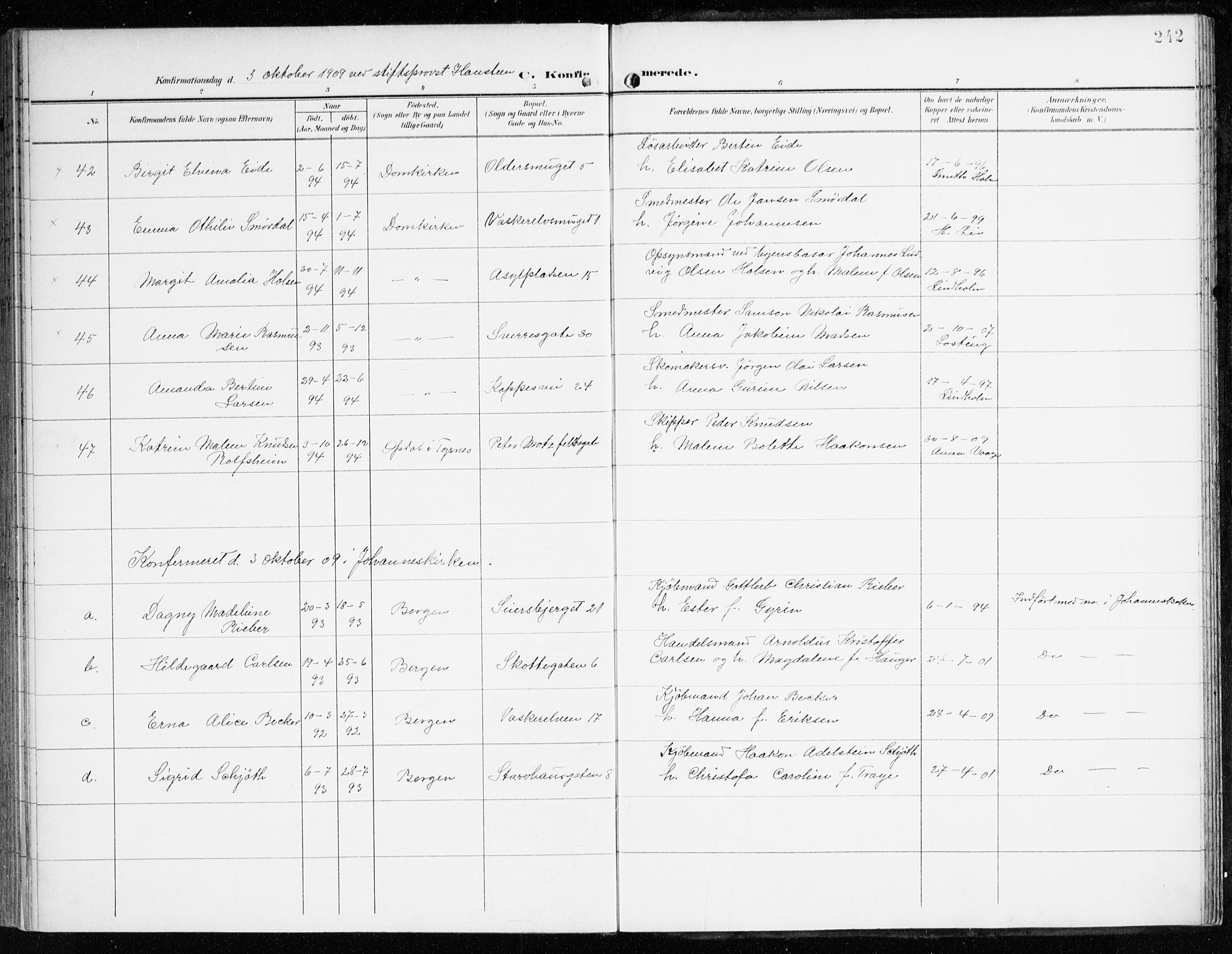 Domkirken sokneprestembete, AV/SAB-A-74801/H/Haa/L0031: Parish register (official) no. C 6, 1898-1915, p. 242