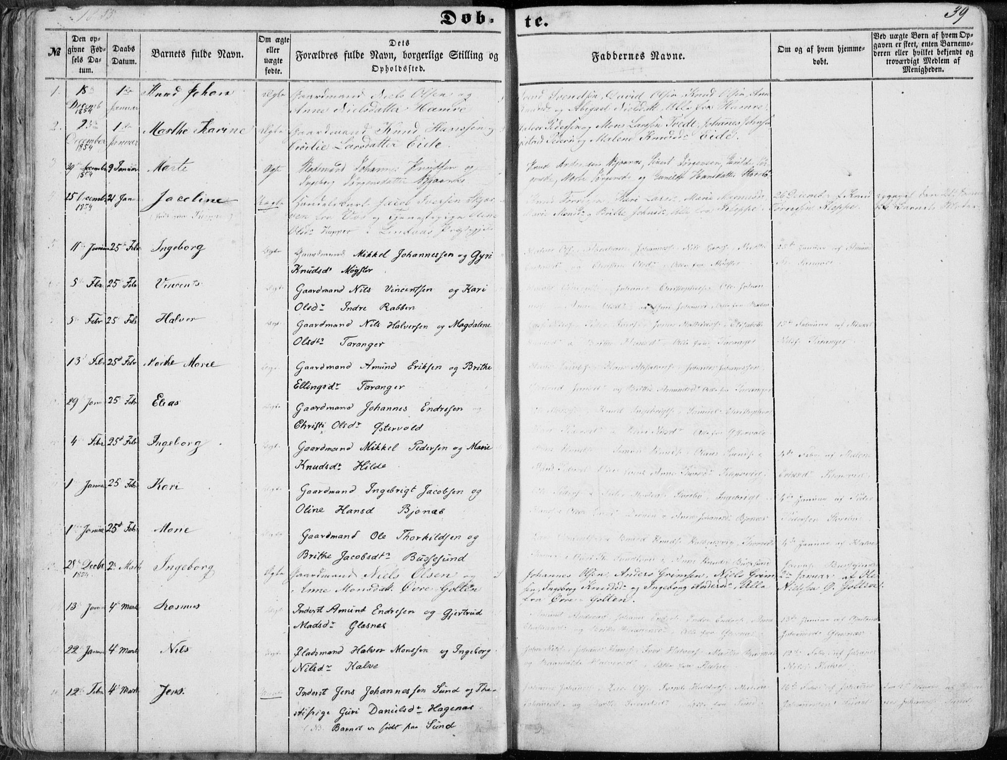 Sund sokneprestembete, SAB/A-99930: Parish register (official) no. A 14, 1850-1866, p. 39