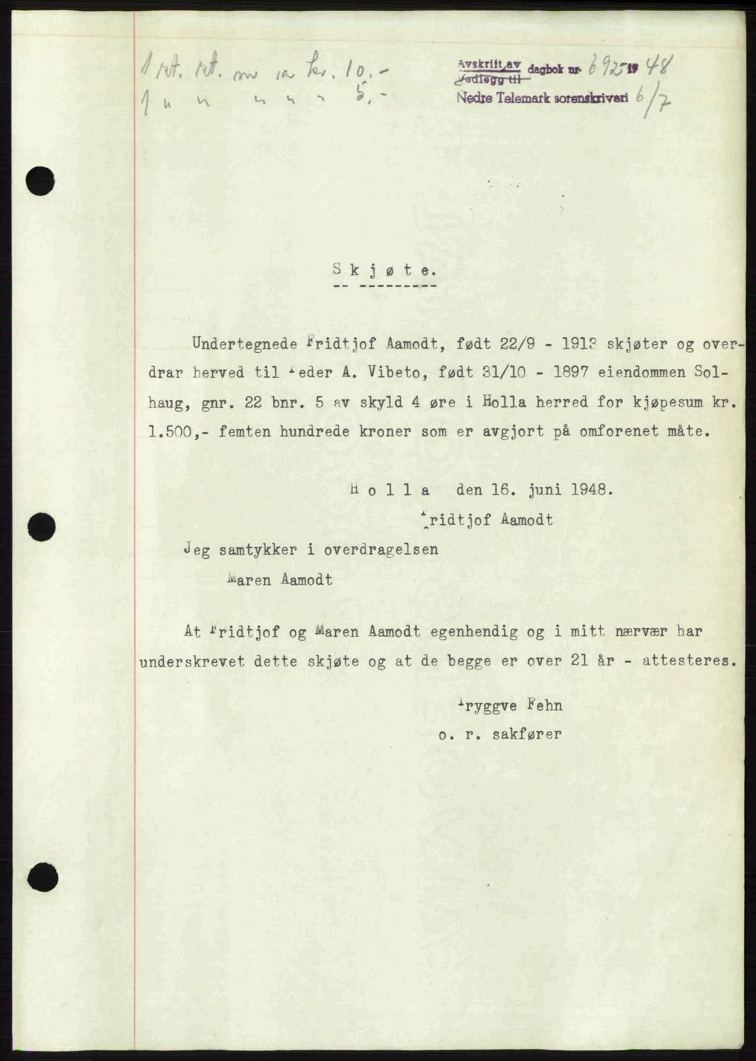 Nedre Telemark sorenskriveri, AV/SAKO-A-135/G/Ga/Gaa/L0062: Mortgage book no. A-62, 1948-1948, Diary no: : 692/1948