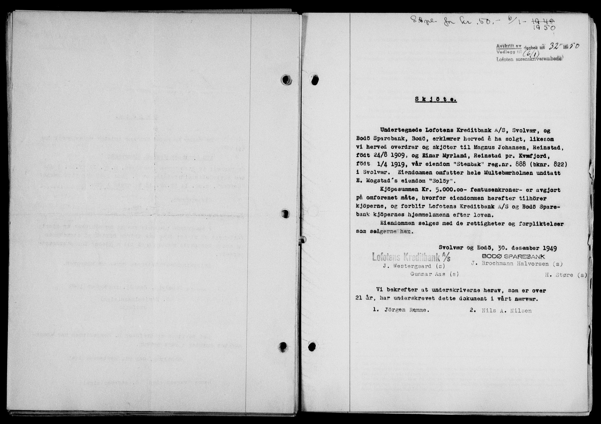 Lofoten sorenskriveri, SAT/A-0017/1/2/2C/L0022a: Mortgage book no. 22a, 1949-1950, Diary no: : 32/1950
