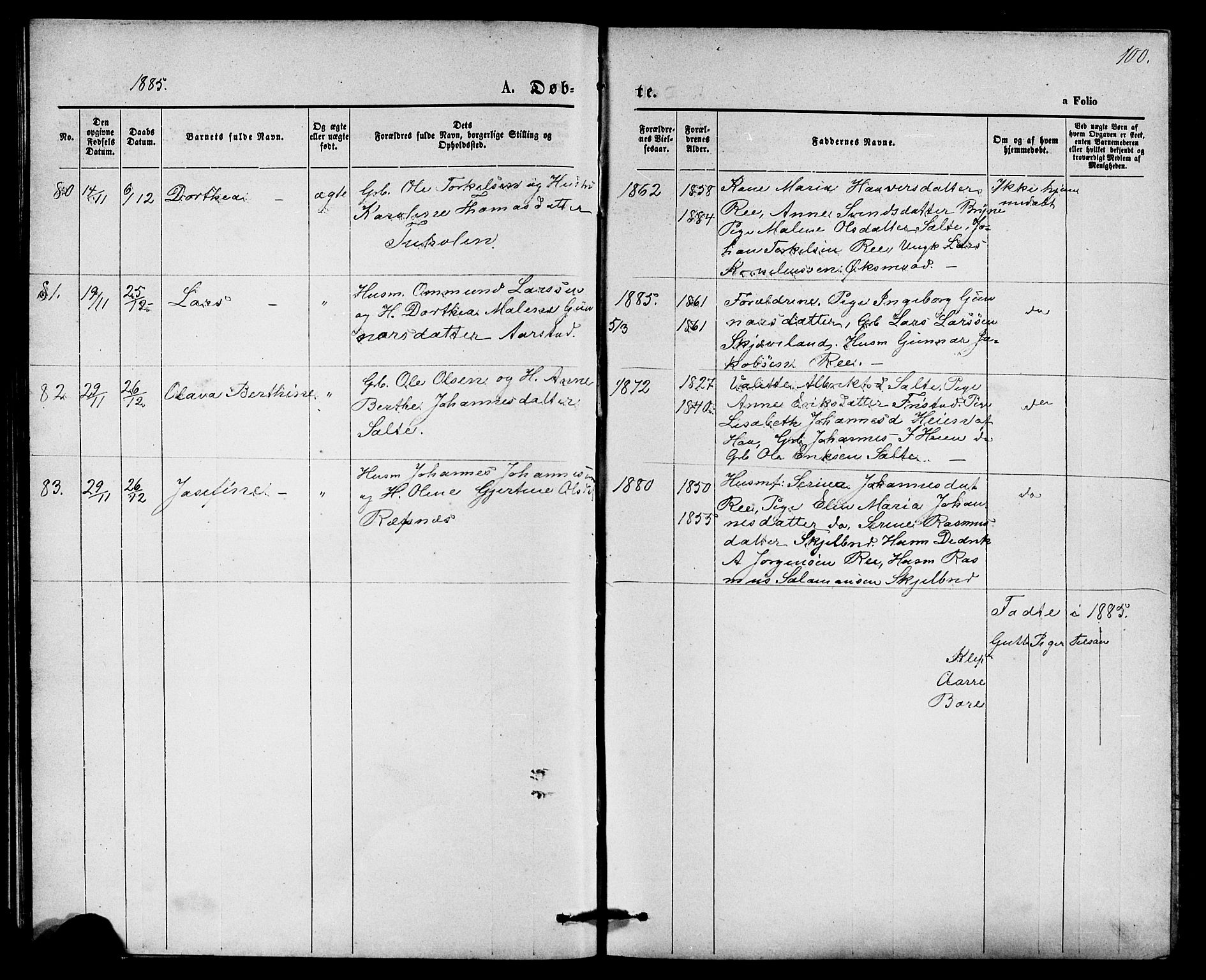 Klepp sokneprestkontor, AV/SAST-A-101803/001/3/30BB/L0003: Parish register (copy) no. B 3, 1876-1888, p. 100