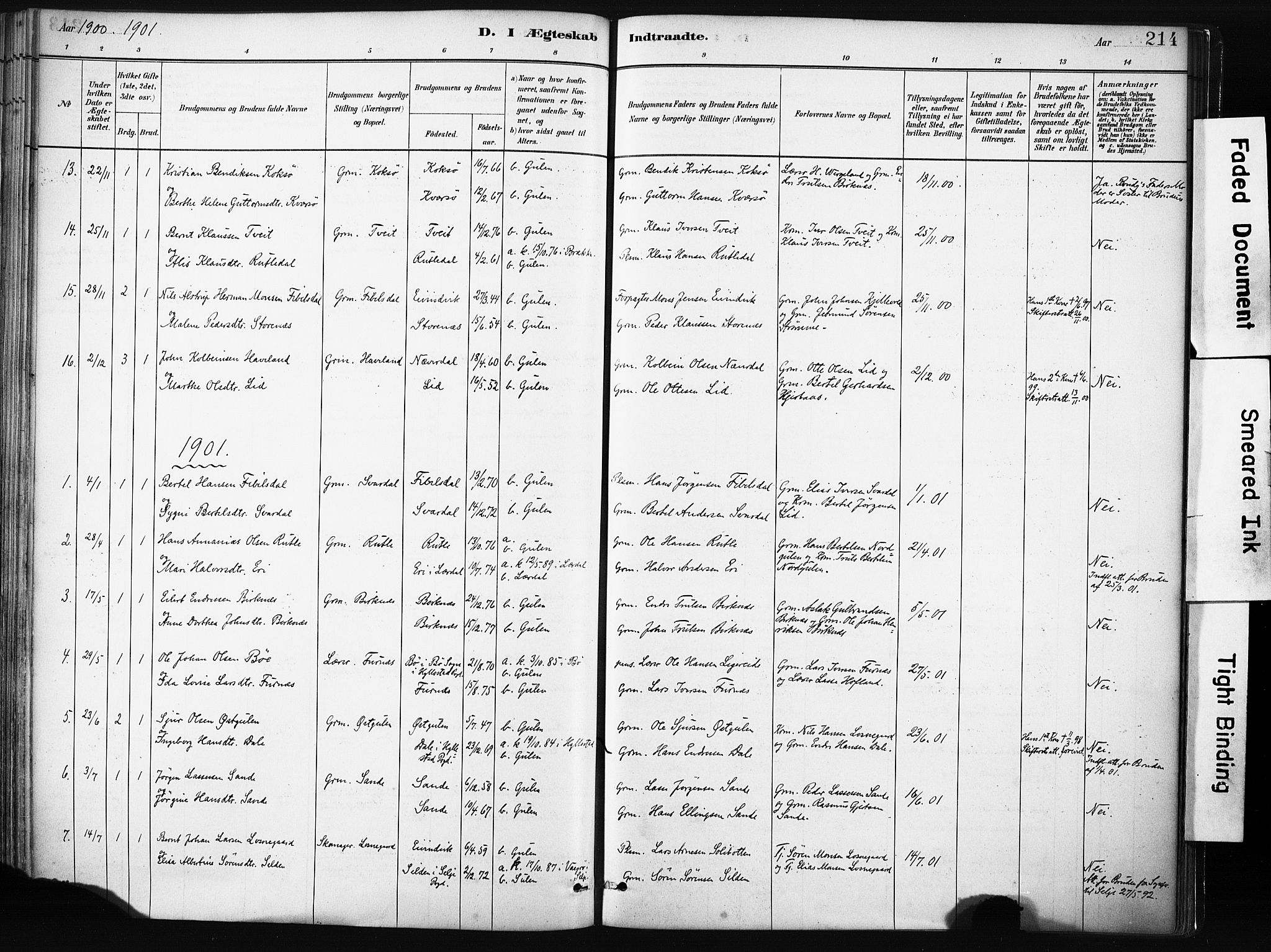 Gulen sokneprestembete, SAB/A-80201/H/Haa/Haab/L0001: Parish register (official) no. B 1, 1881-1905, p. 214