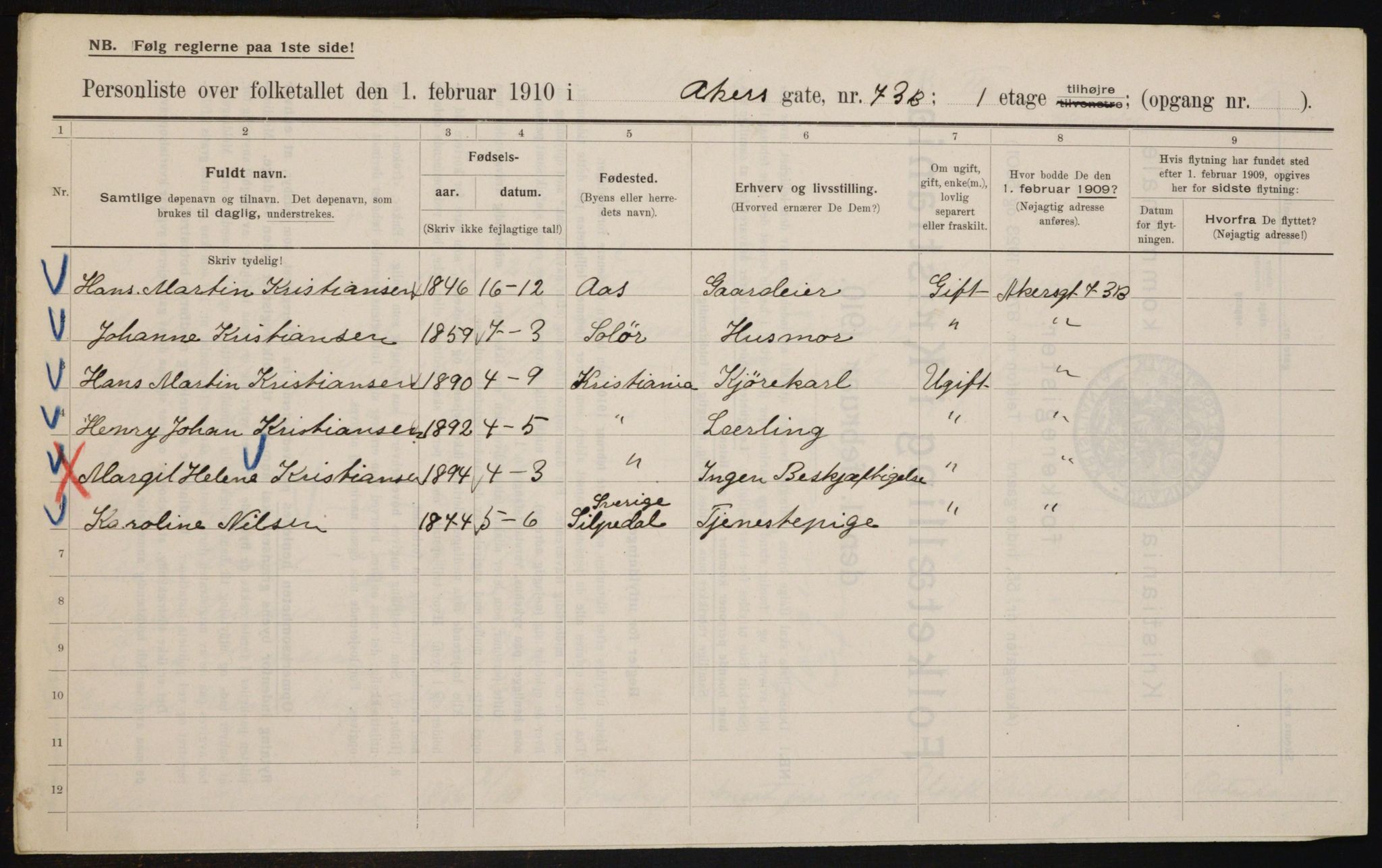 OBA, Municipal Census 1910 for Kristiania, 1910, p. 750