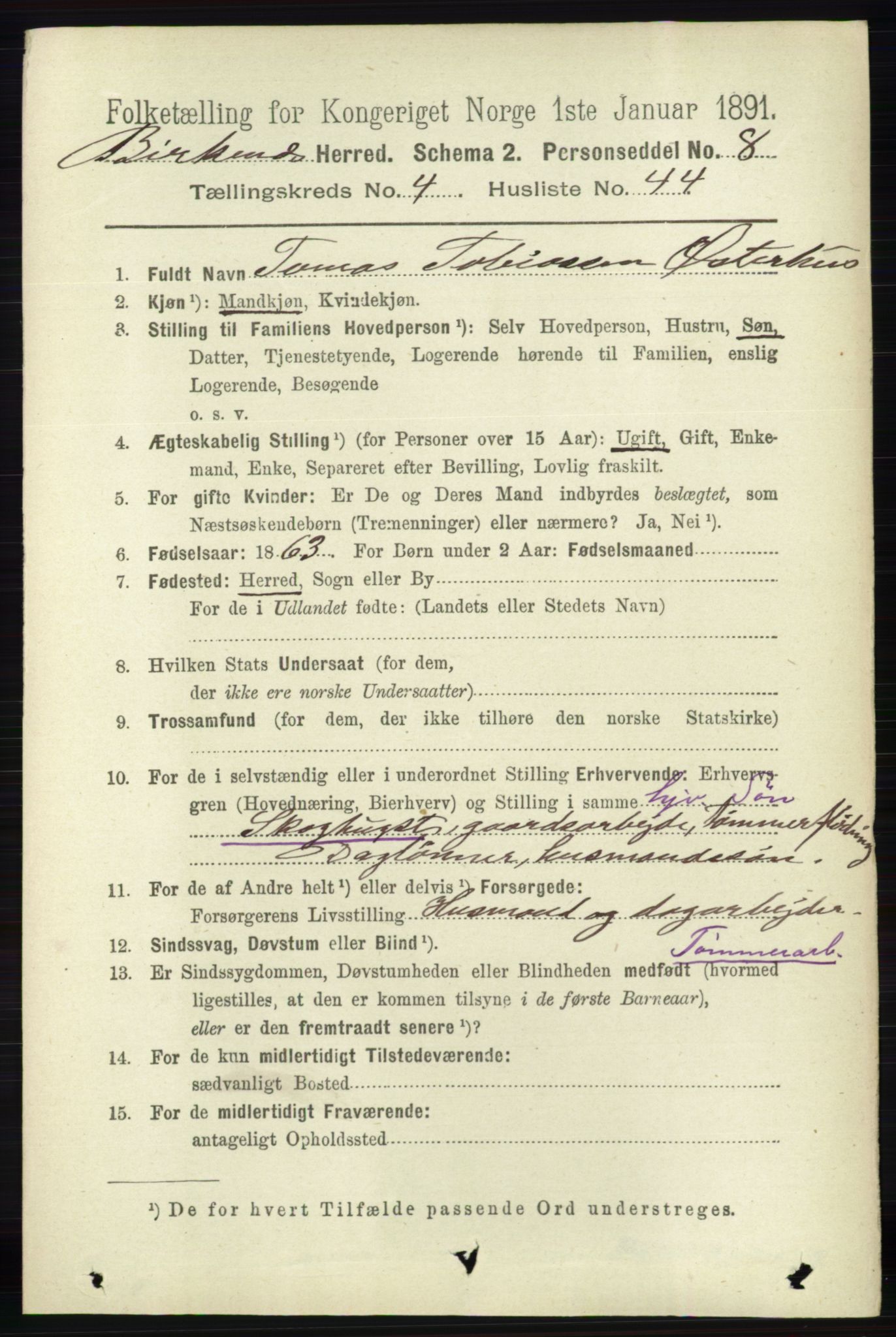 RA, 1891 Census for 0928 Birkenes, 1891, p. 1494