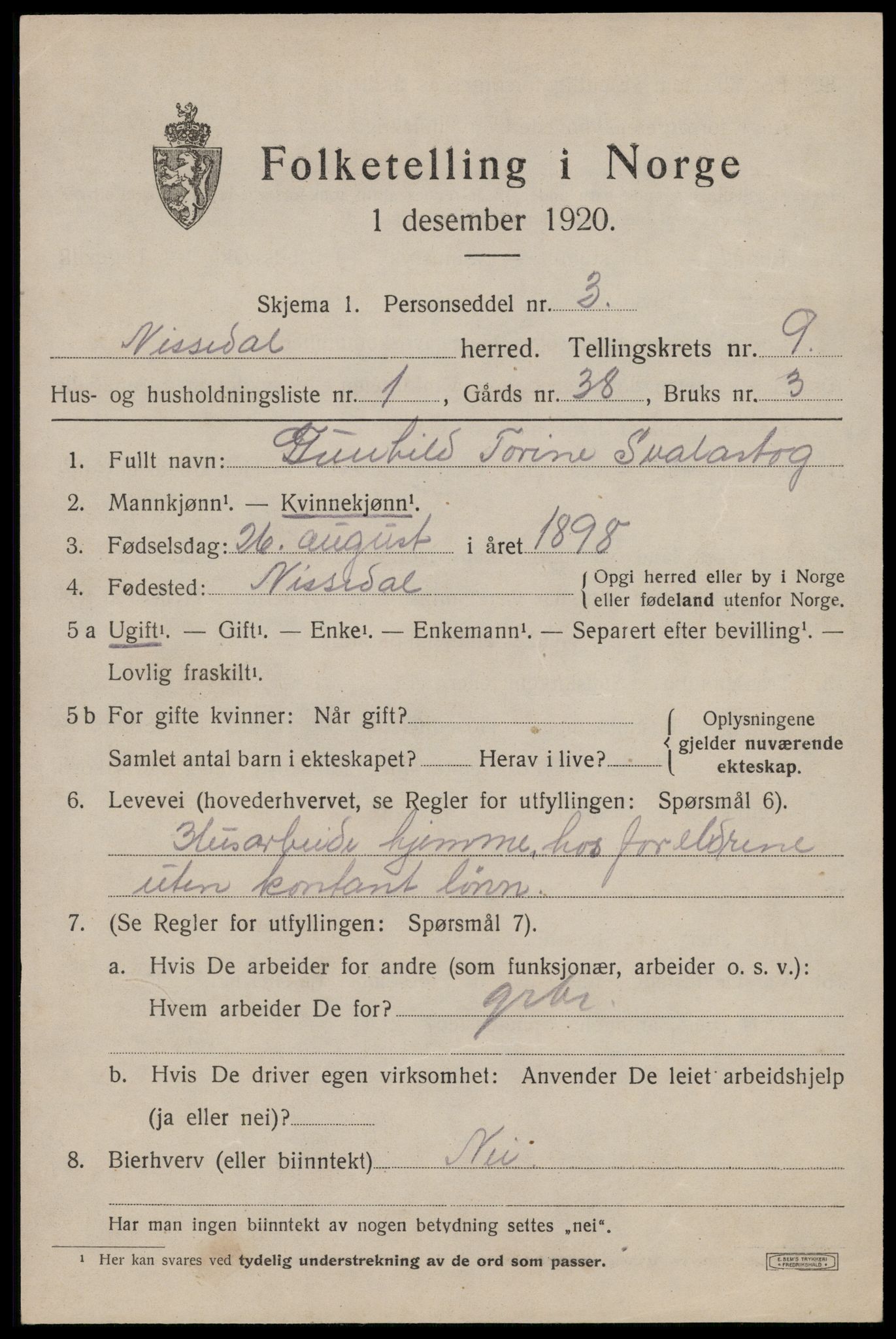 SAKO, 1920 census for Nissedal, 1920, p. 3495