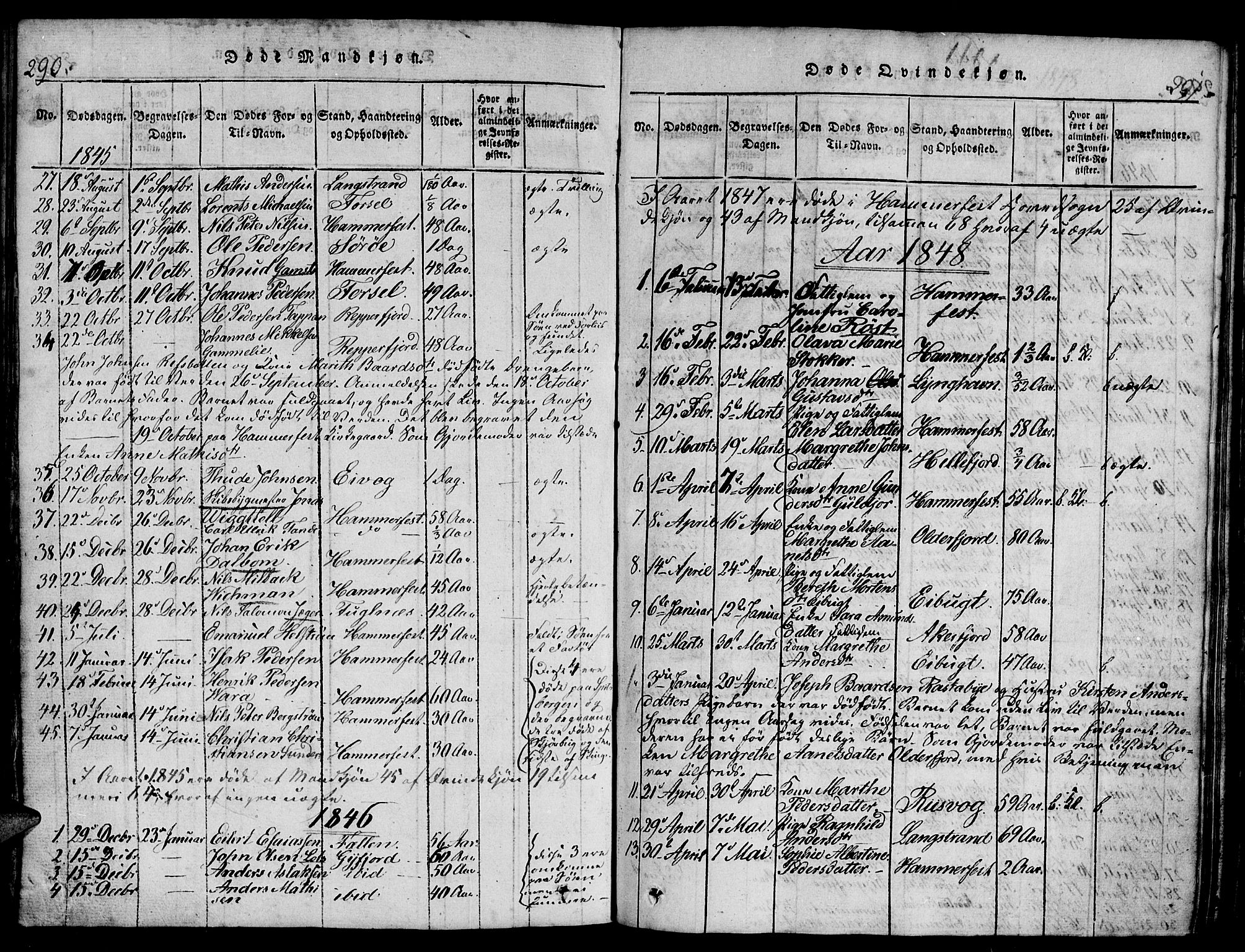 Hammerfest sokneprestkontor, AV/SATØ-S-1347/H/Hb/L0001.klokk: Parish register (copy) no. 1, 1822-1850, p. 290-291