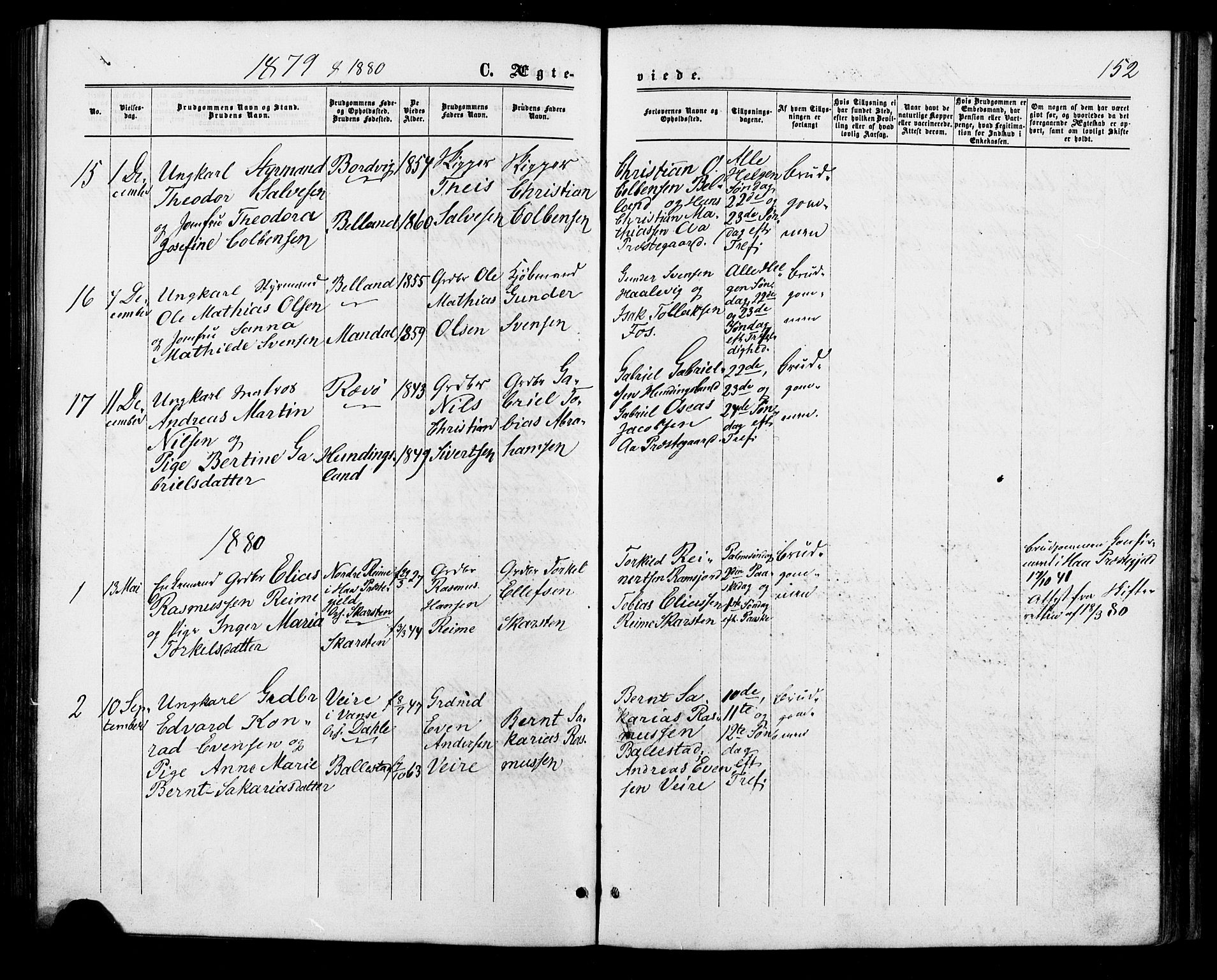 Lyngdal sokneprestkontor, AV/SAK-1111-0029/F/Fa/Faa/L0003: Parish register (official) no. A 3, 1871-1882, p. 152