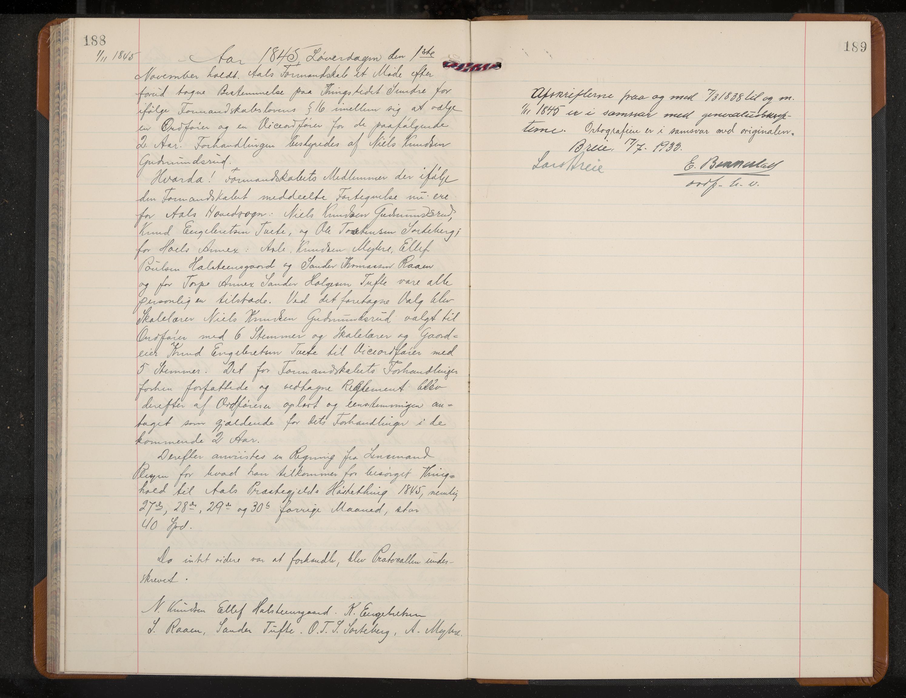 Ål formannskap og sentraladministrasjon, IKAK/0619021/A/Aa/L0001: Utskrift av møtebok, 1838-1845, p. 188-189